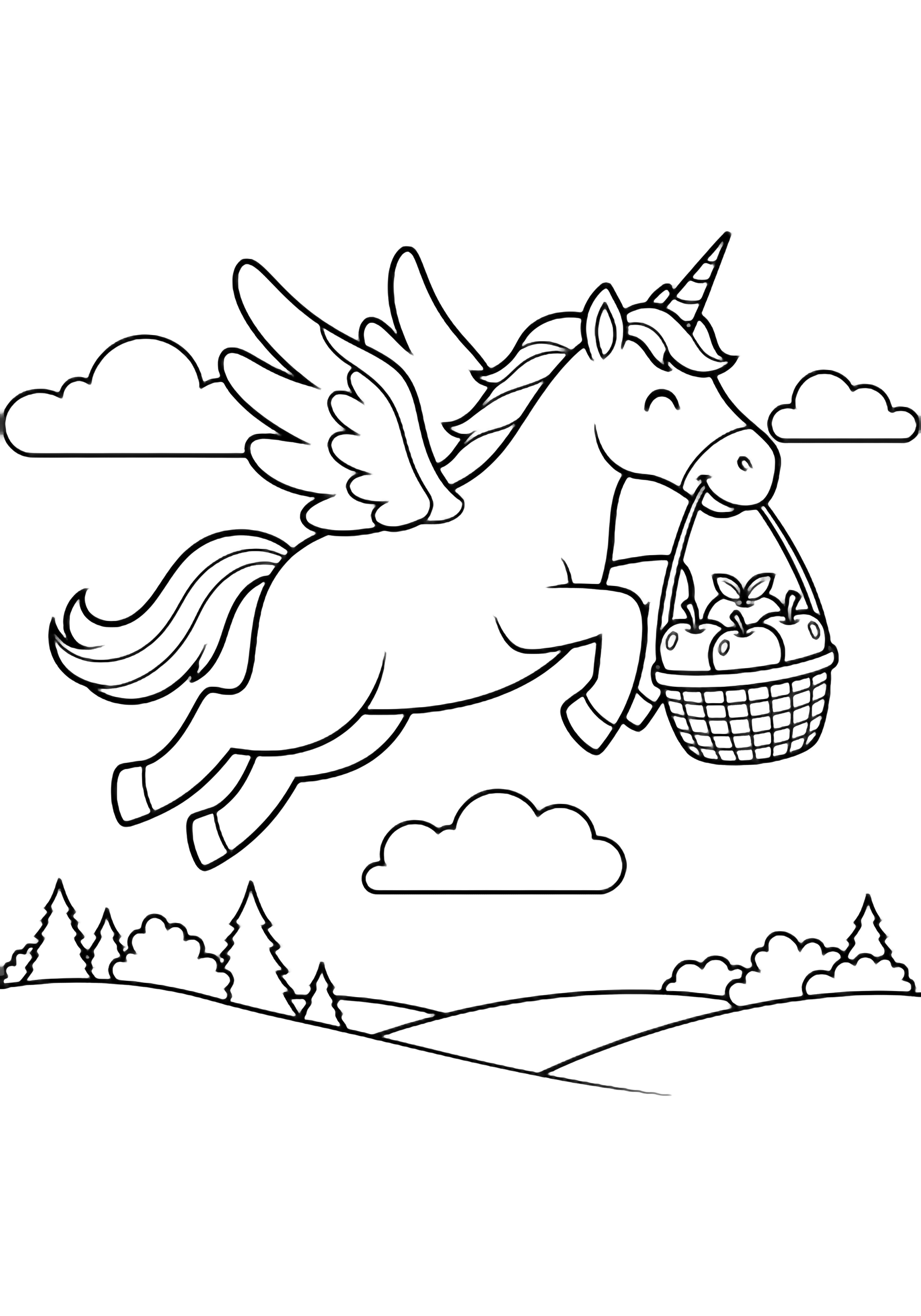 A smiling unicorn with feathered wings glides forward, clutching a basket of apples, above rolling treetops and fluffy clouds. kleurplaat