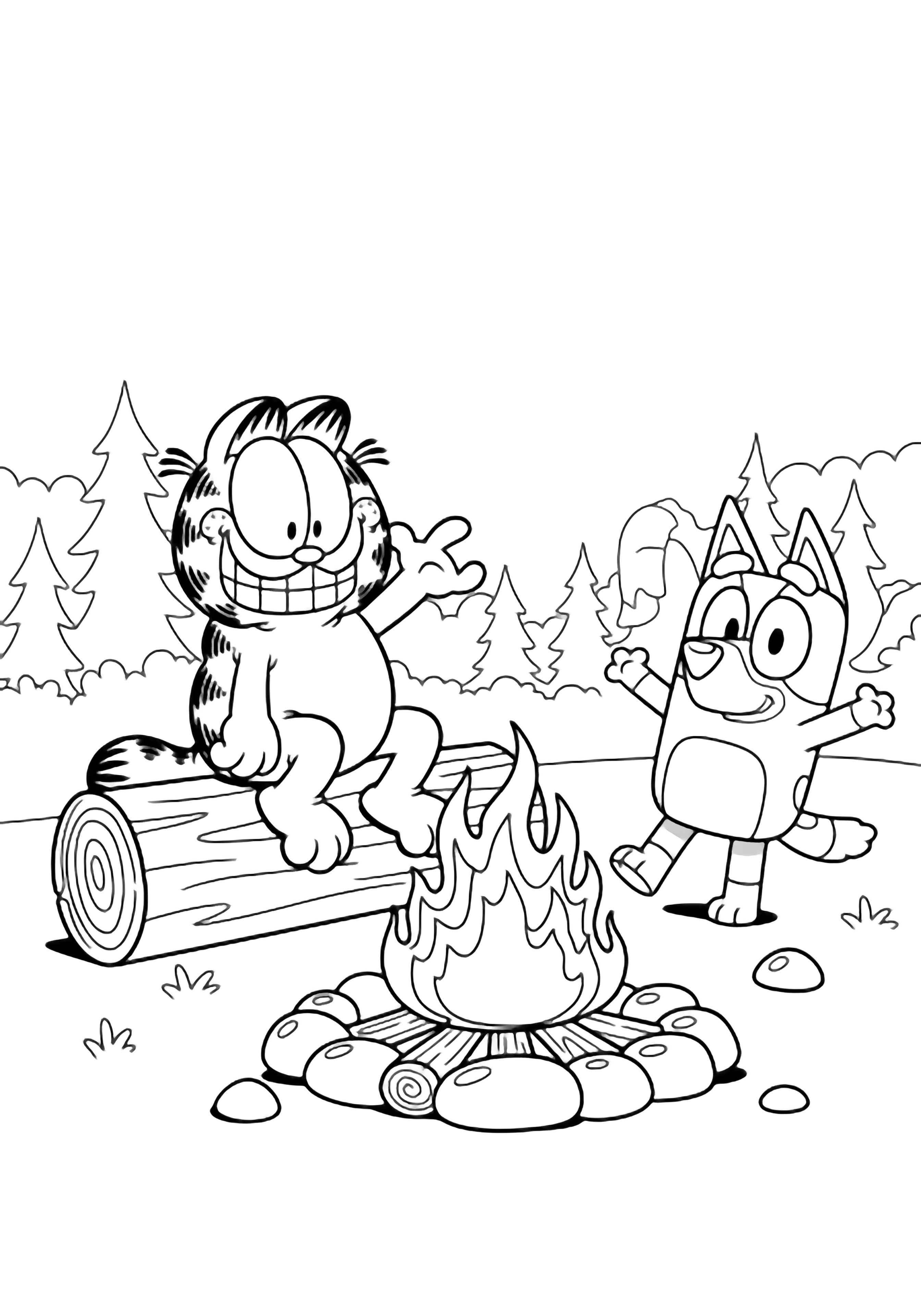 Garfield sits on a log, waving; Bluey bounces beside him beside a campfire of logs, stones, and tall flames under wavy forest outlines. kleurplaat
