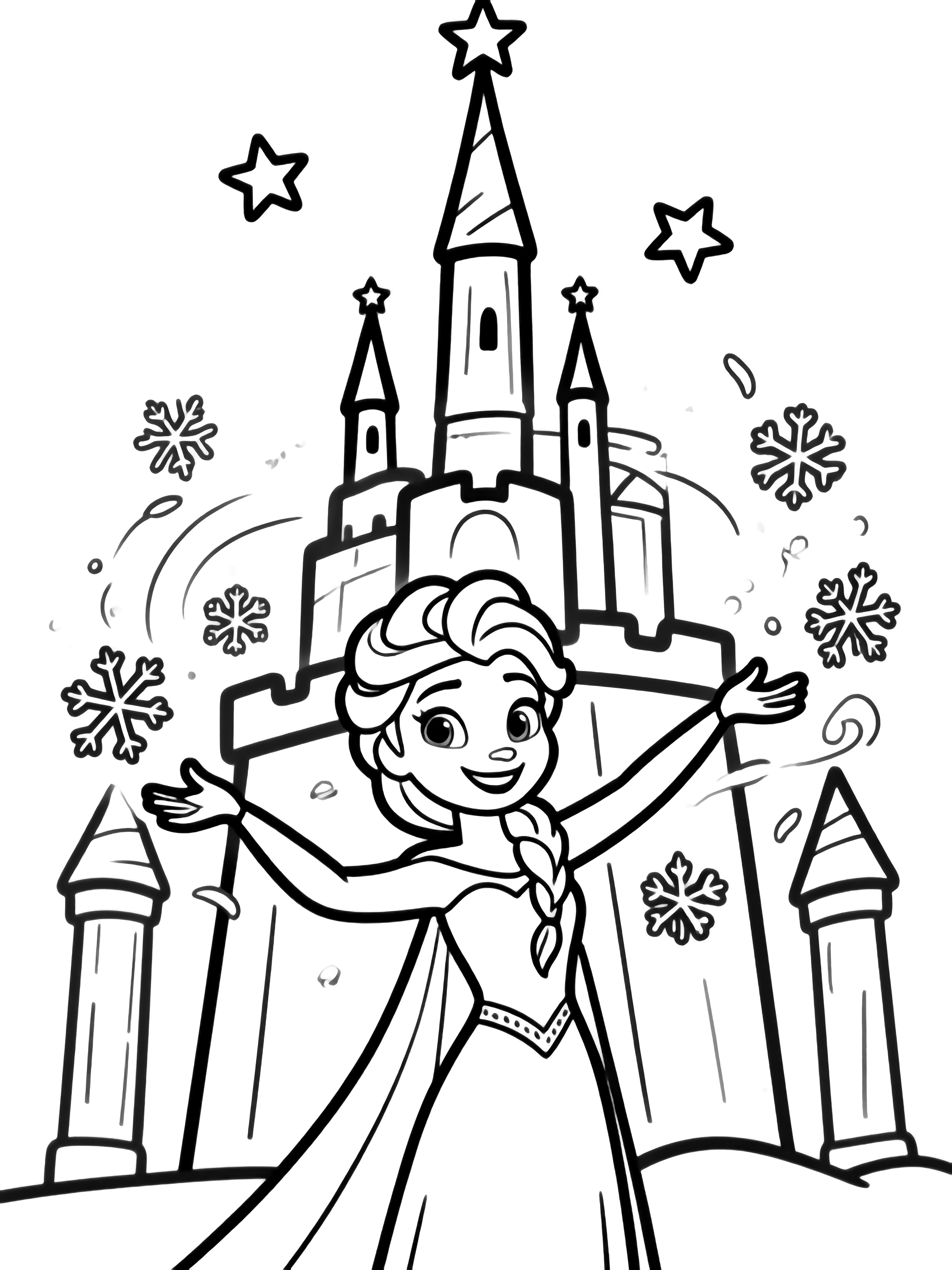 Elsa smiles with outstretched hands, snowflakes swirling around her as she raises a towering ice castle with star-tipped spires; simple stars float in the sky. kleurplaat
