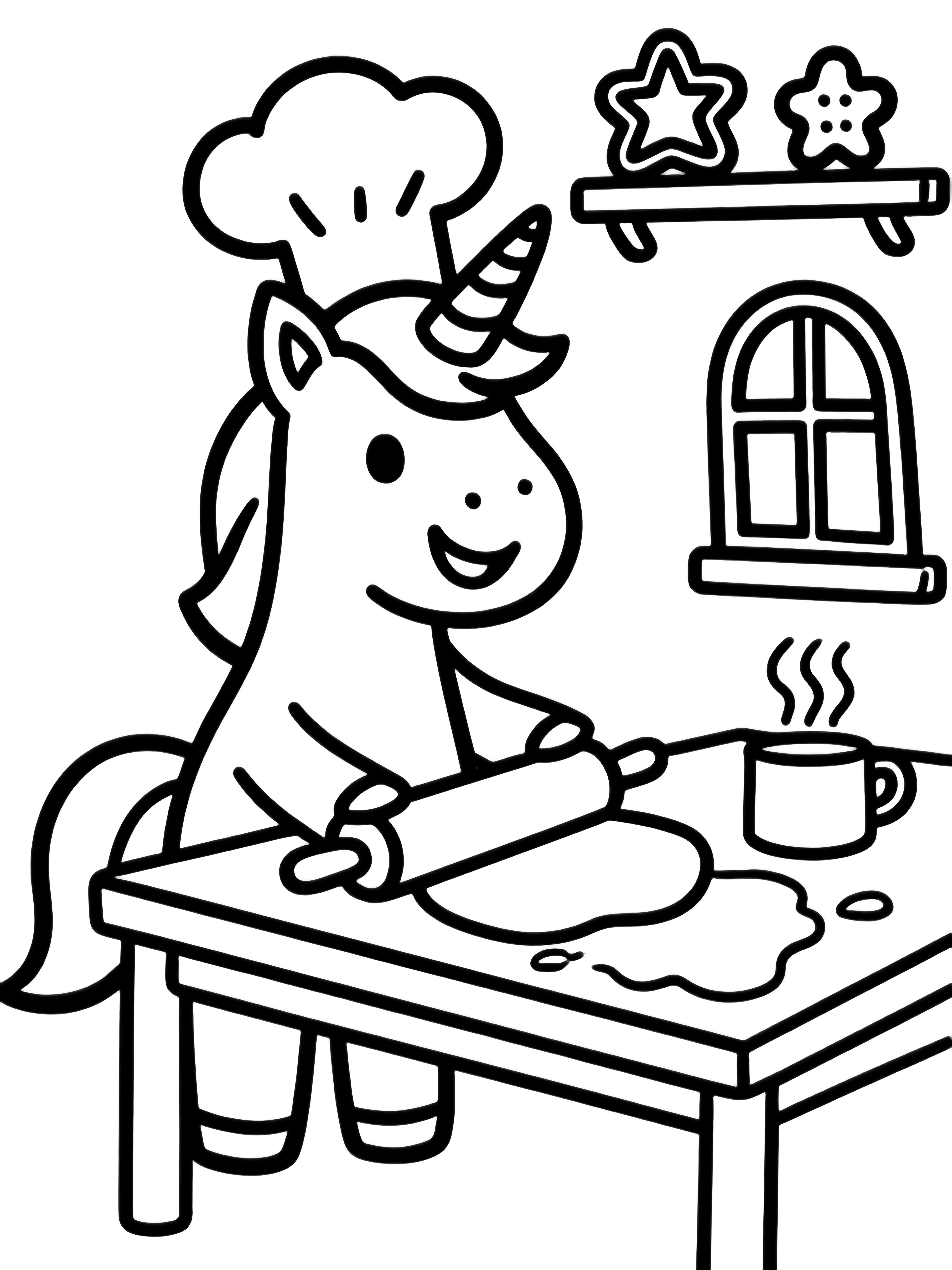A smiling unicorn in a chef's hat rolls dough on a kitchen table, surrounded by cookie cutters, shelves, a cottage window, and a steaming mug. kleurplaat