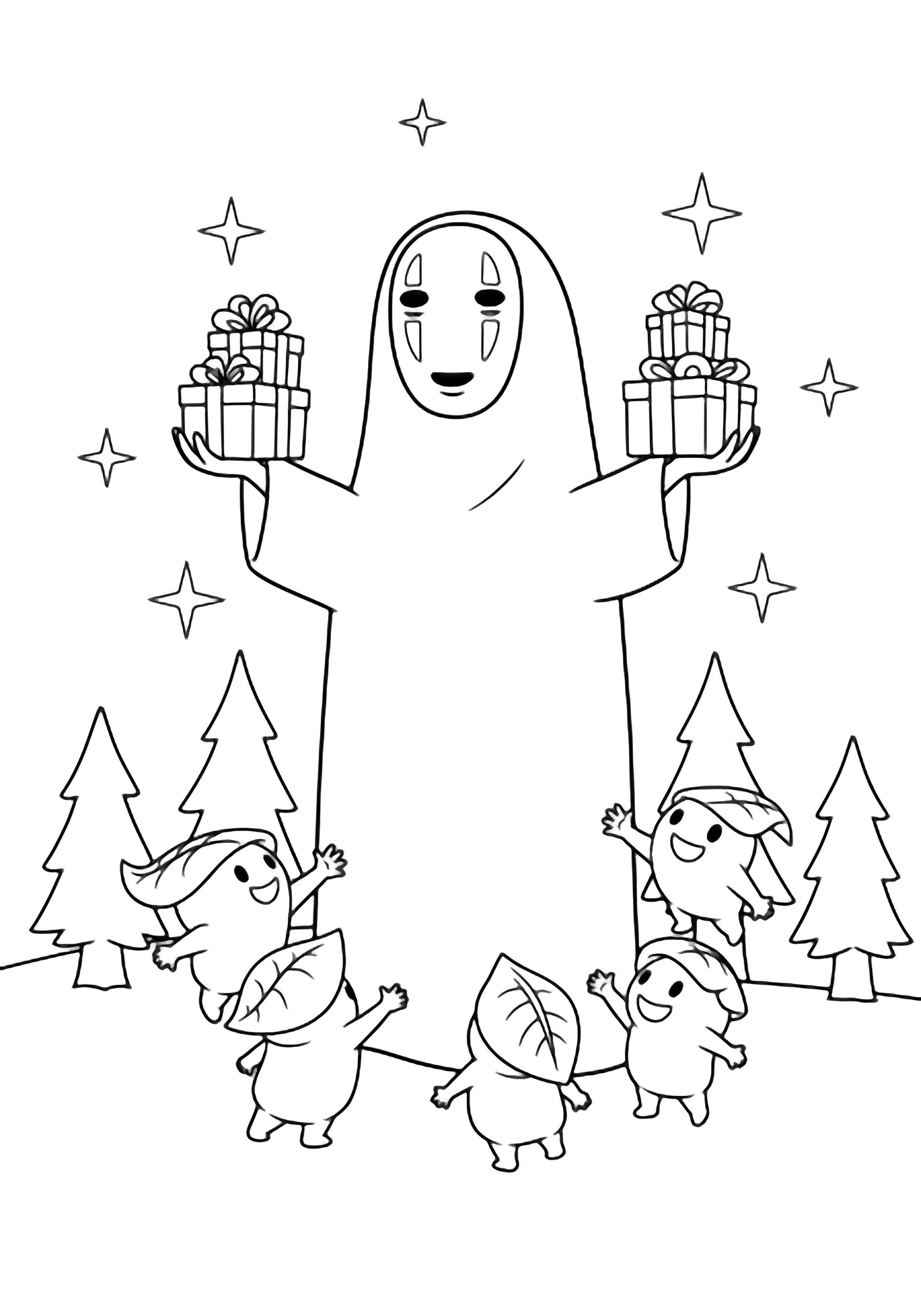 No-Face stands arms wide holding wrapped boxes while tiny Kokiri spirits reach up; stars and pine trees frame the scene. kleurplaat