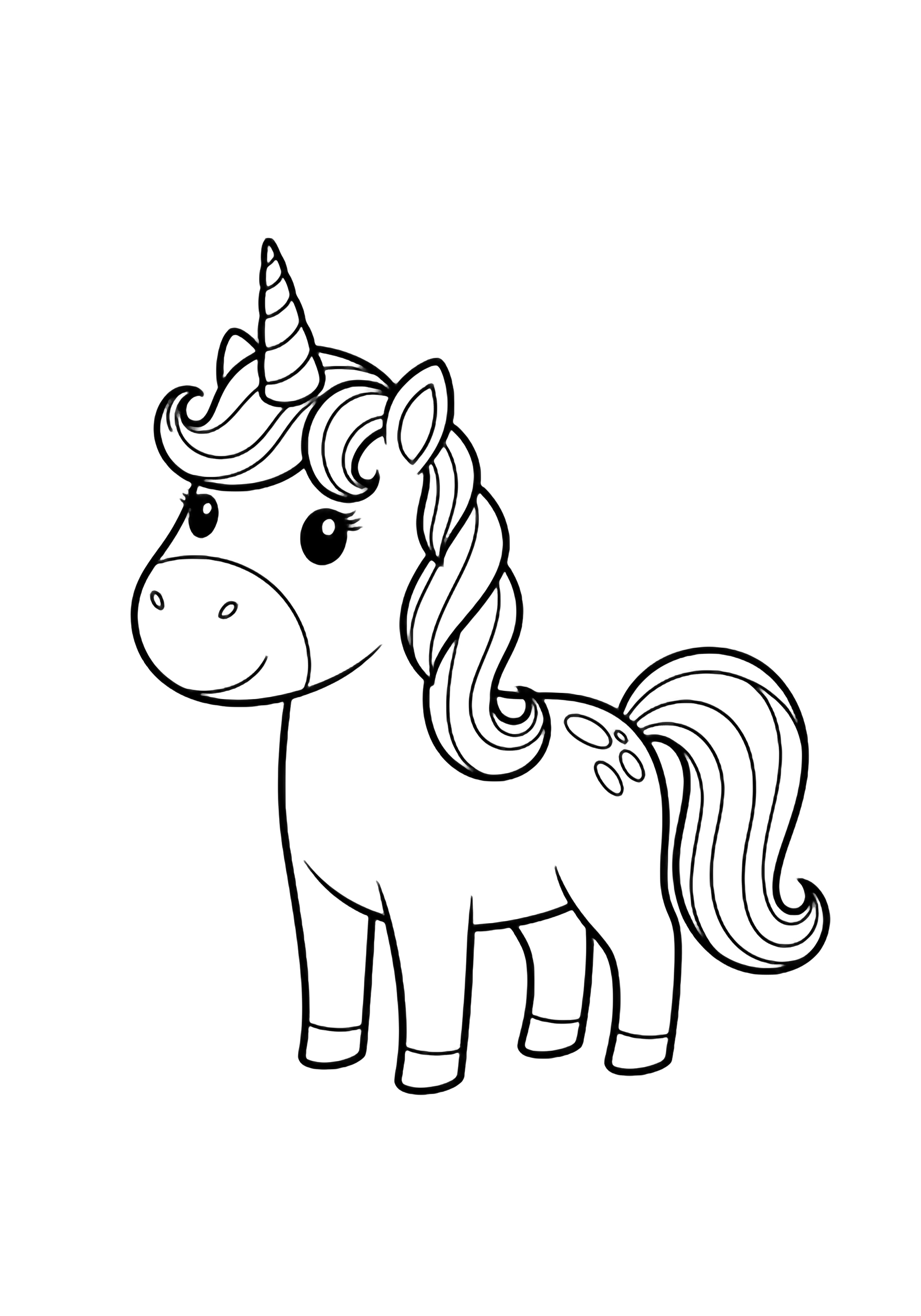 A smiling unicorn with a tiny spiral horn and fluffy curly mane and tail stands centered. kleurplaat