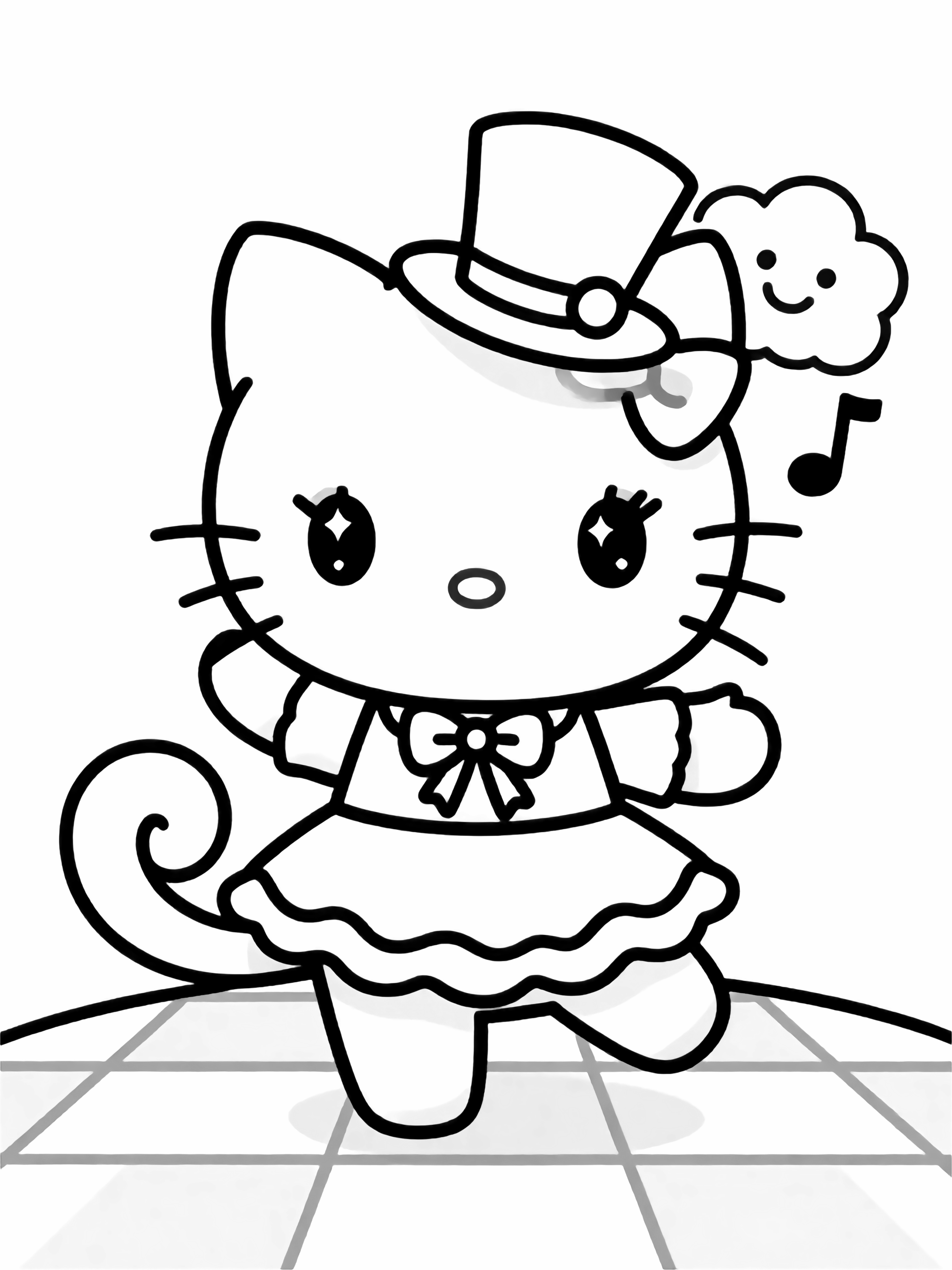 Kawaii dancing kitten idol with huge sparkling eyes, long curly tail swirl, frilly dress, top hat, treble clef, happy cloud on checkered stage. kleurplaat