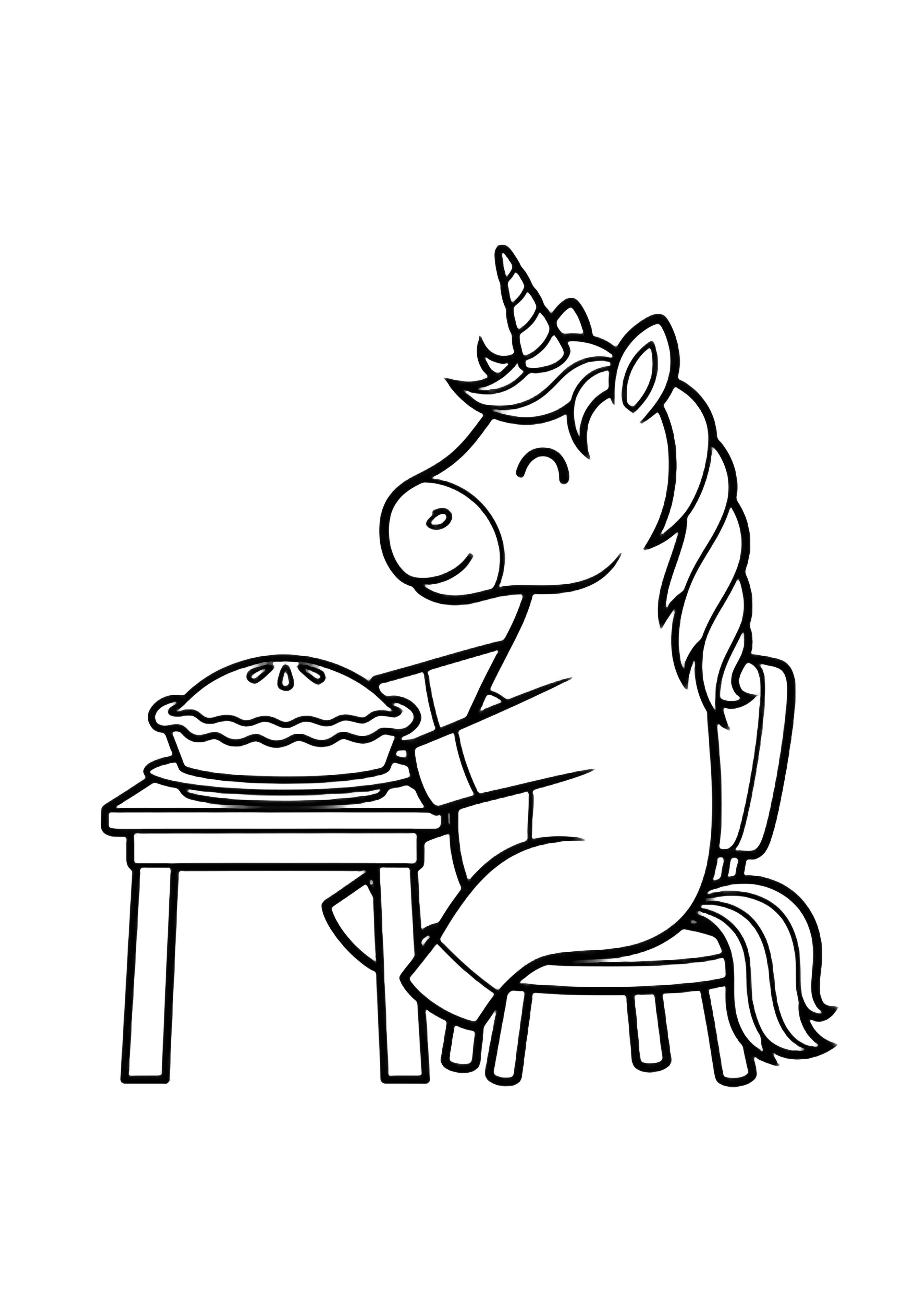 Een glimlachende eenhoorn zit rechtop op een klein stoeltje en houdt een taart op een lage tafel vast. kleurplaat