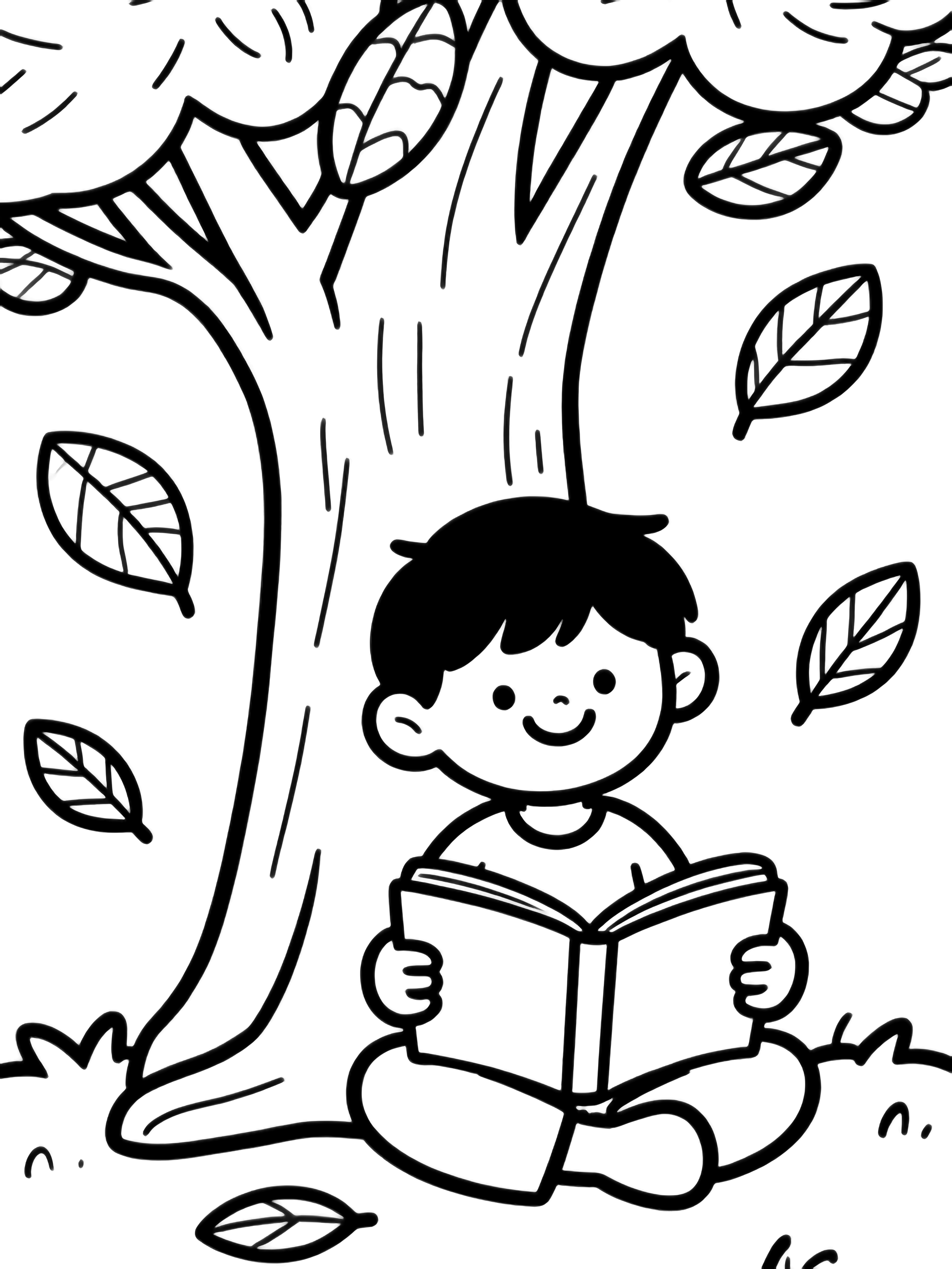 A smiling child sits cross-legged beneath a large tree, reading an open book while big leaves drift around them. kleurplaat