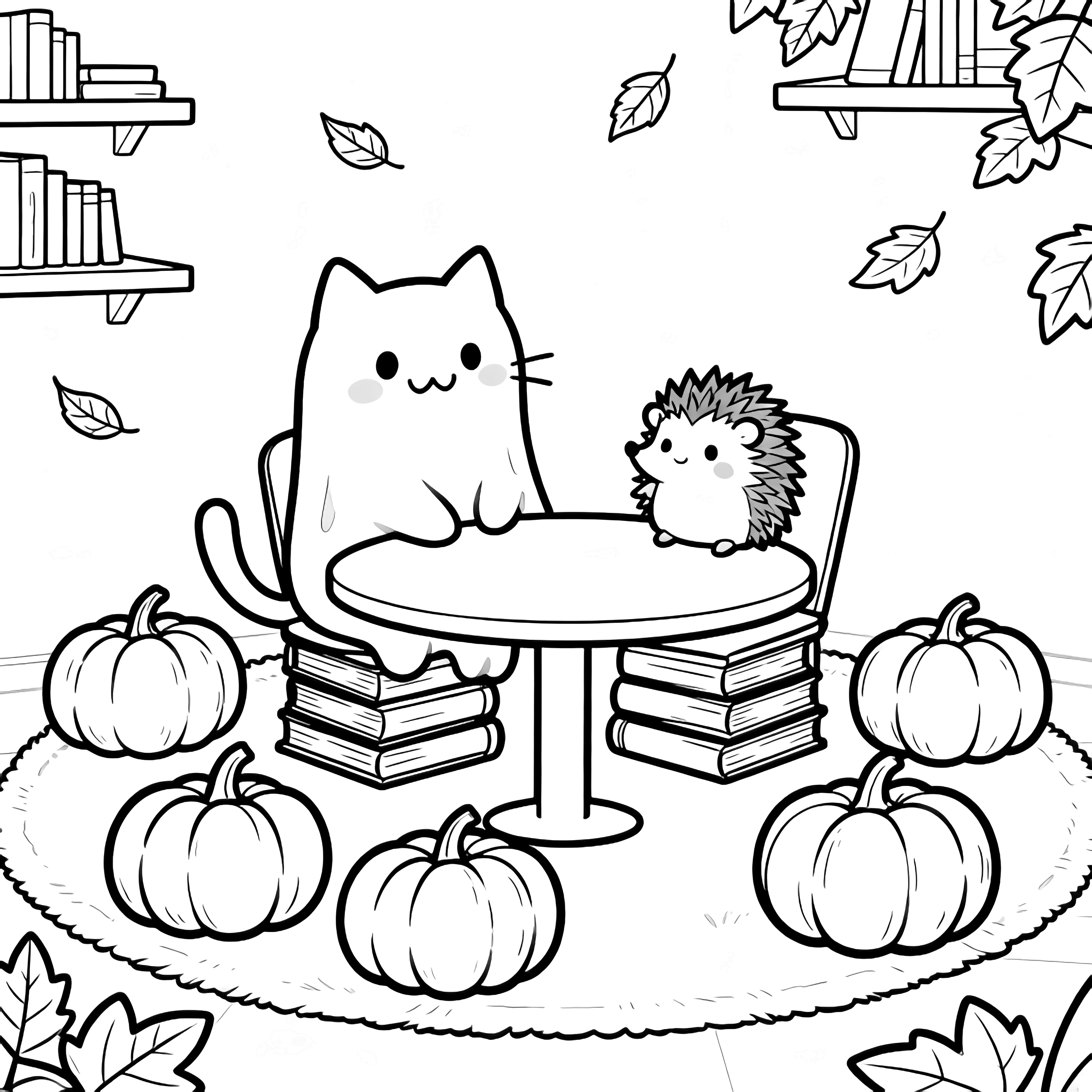 A smiling ghost-cat and tiny hedgehog sit on book-stools at a round table, encircled by five pumpkins, with shelves and drifting leaves around them. kleurplaat