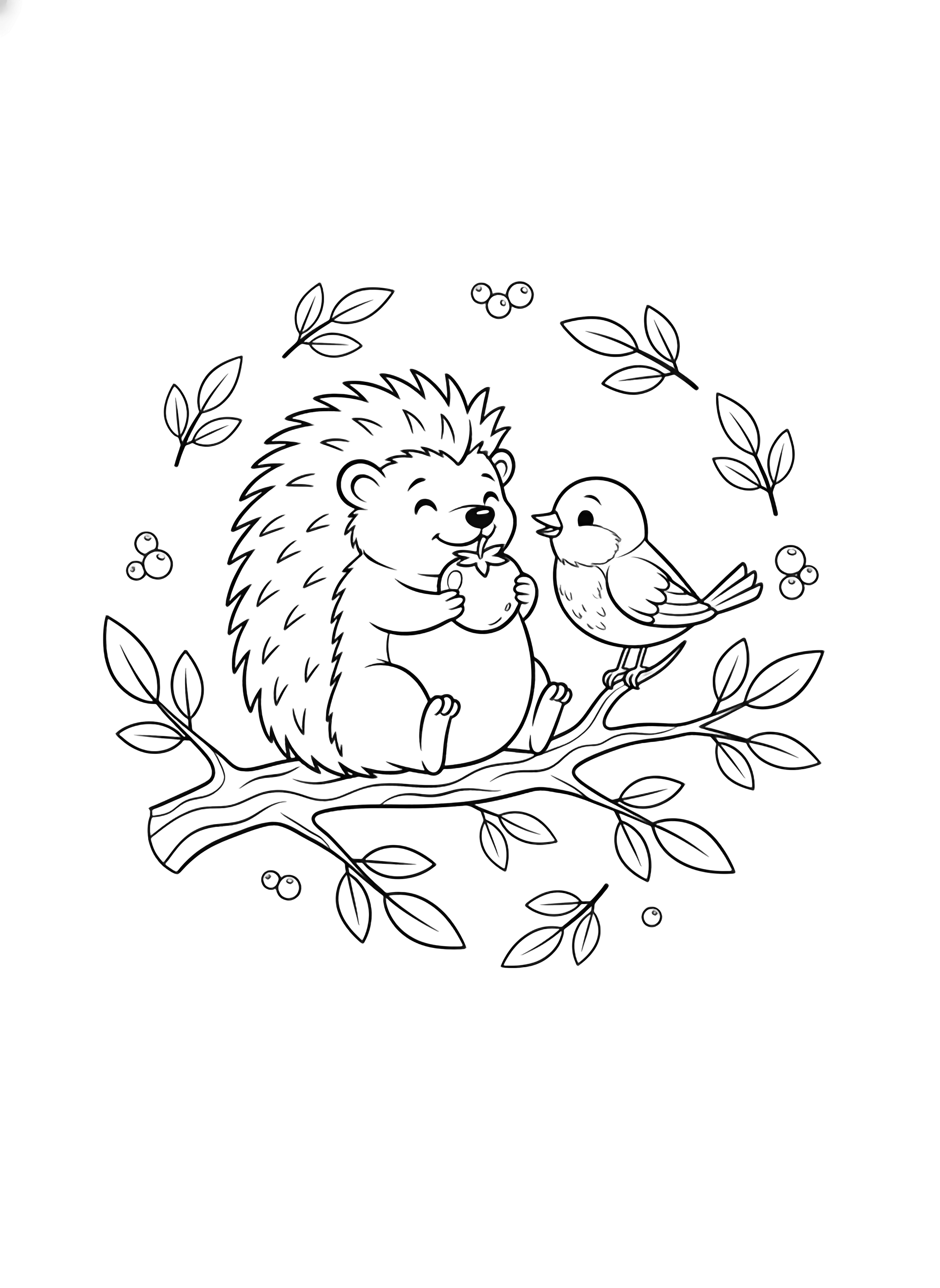 A smiling hedgehog and a little bird share a plump berry on a leafy branch, surrounded by simple leaves and tiny berries. kleurplaat