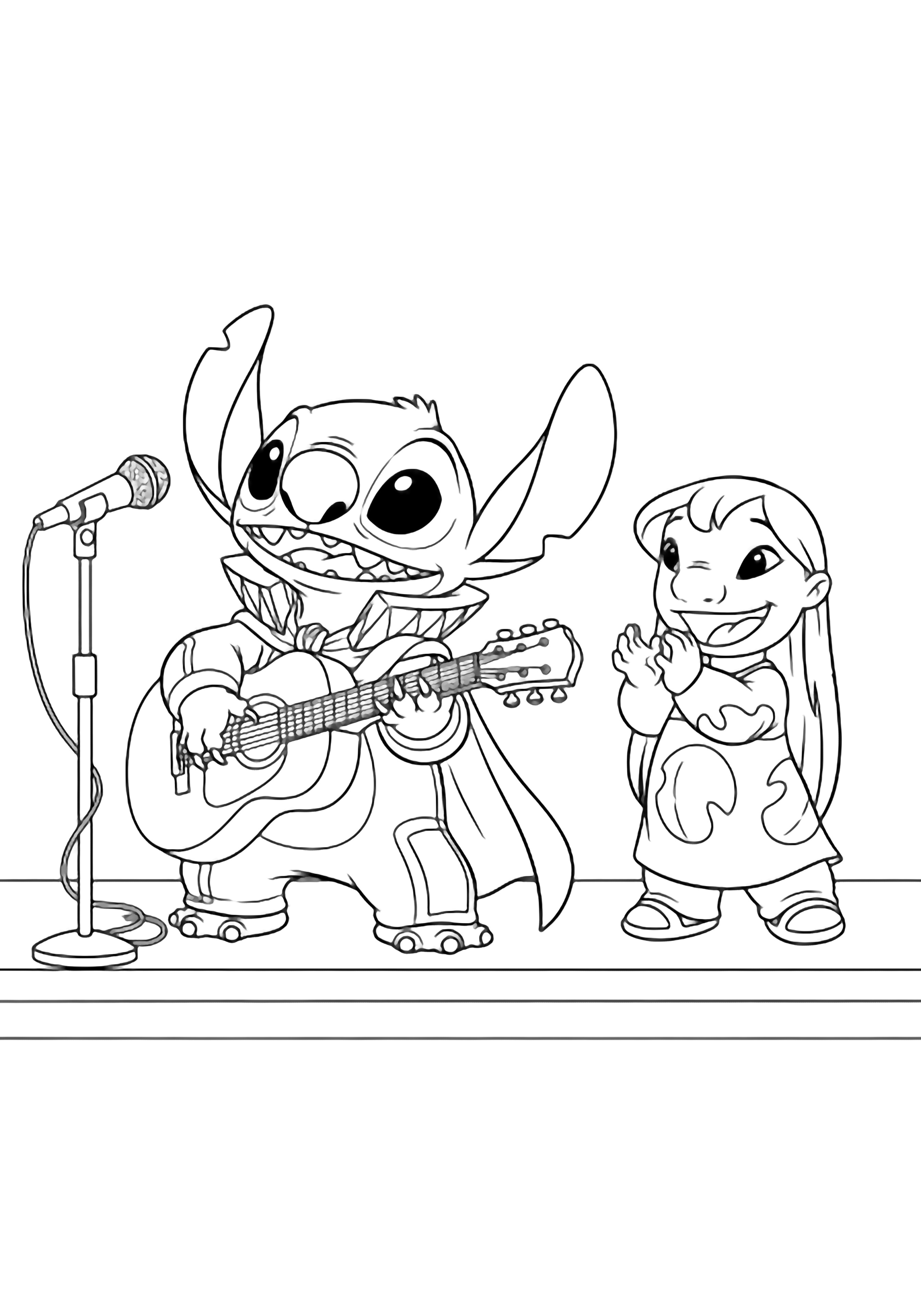 illustratie van Stitch in een hoge colline jumpsuit en cape die op een gitaar tokkelt met Lilo die blij klapt naast hem; eenvoudige podiumvloerlijn en een microfoonstandaard maken de gemakkelijk in te kleuren scène compleet, schoon zwart kleurplaat
