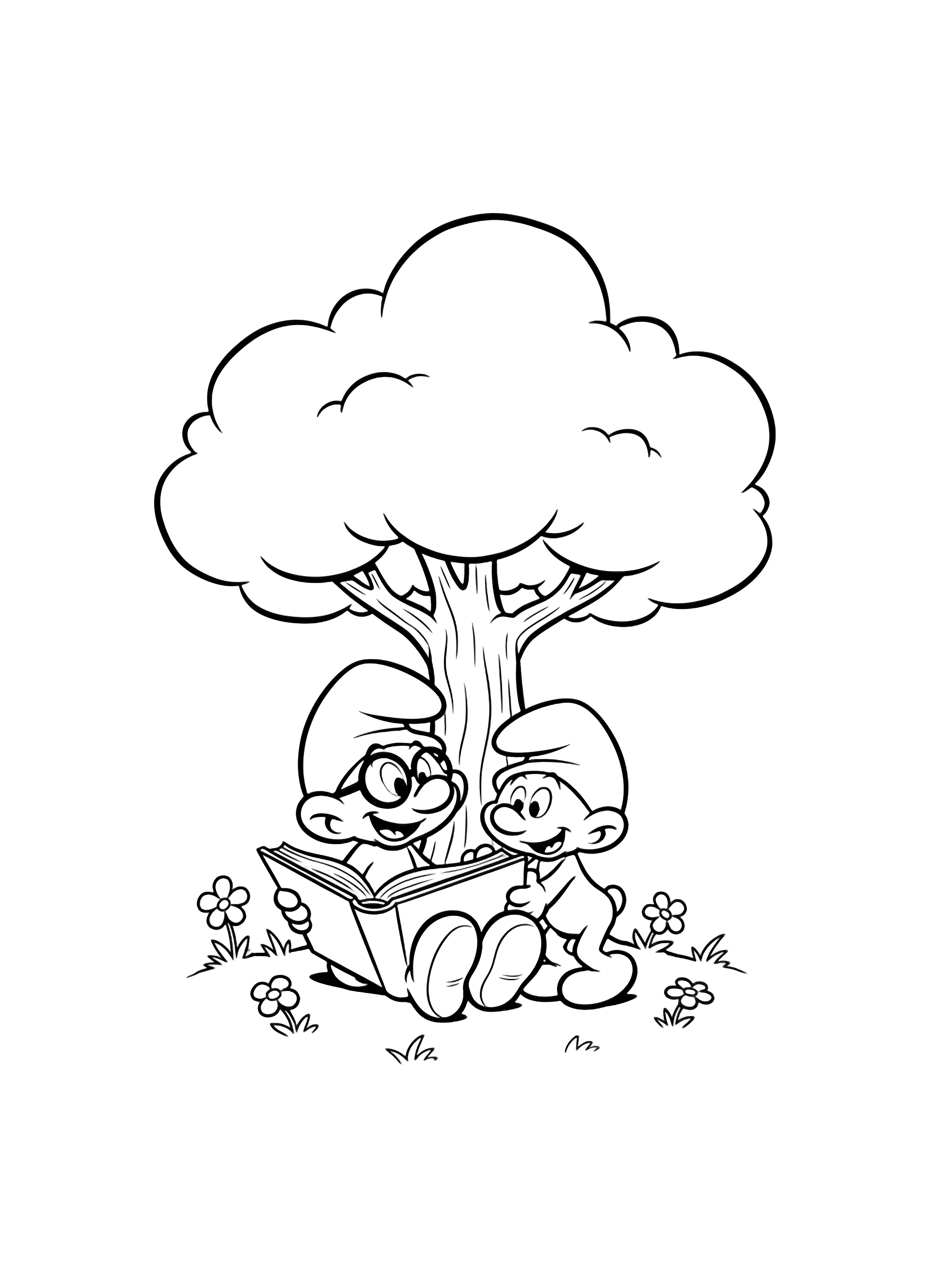 Brainy Smurf sits cross-legged with a giant open book on his lap beneath a cloud-shaped tree; Baby Smurf stands beside him, both smiling on grassy ground with a few flowers. kleurplaat