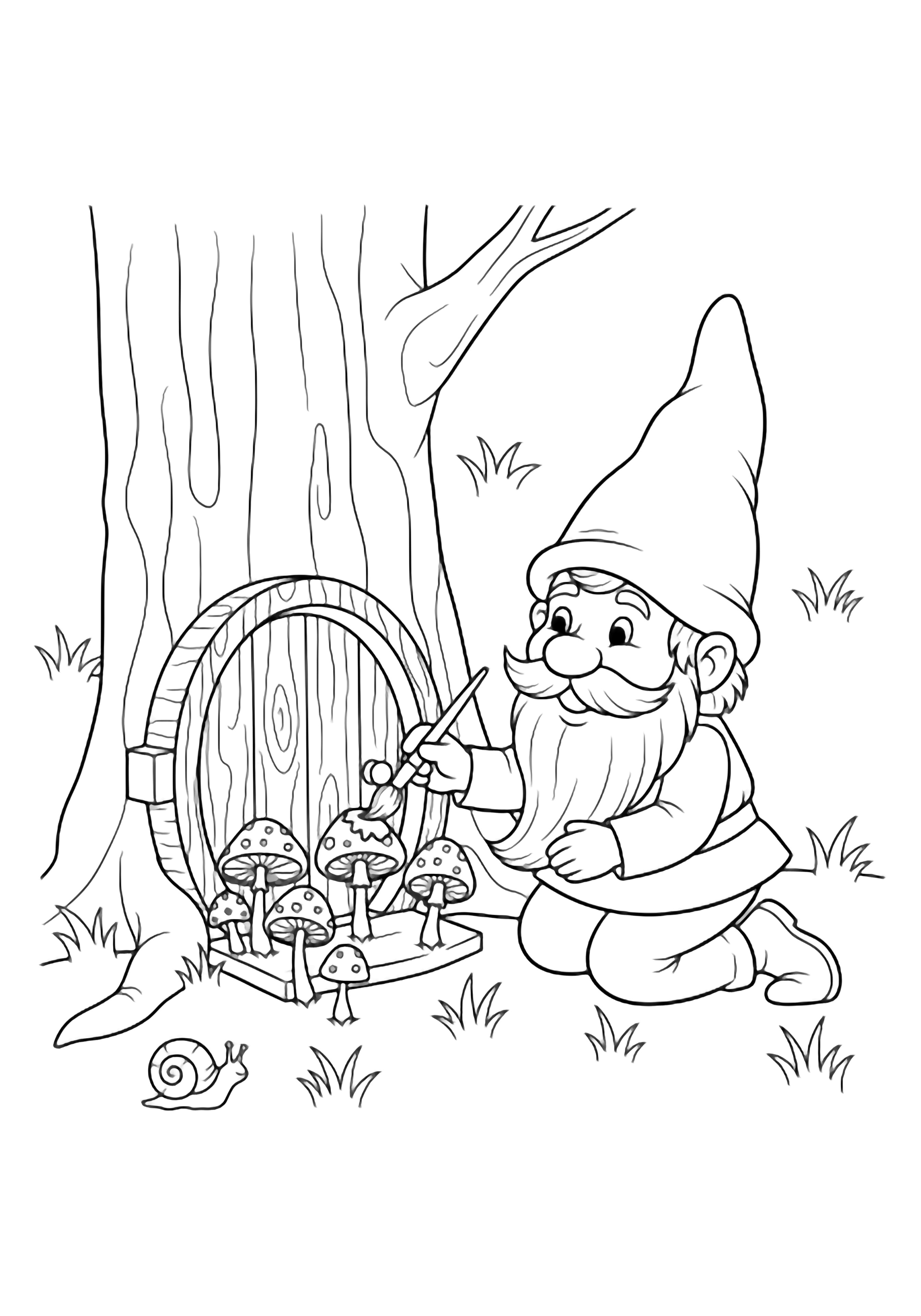 Cheerful gnome kneels painting tiny mushroom caps by tree-trunk door; grass tufts and snail nearby. kleurplaat