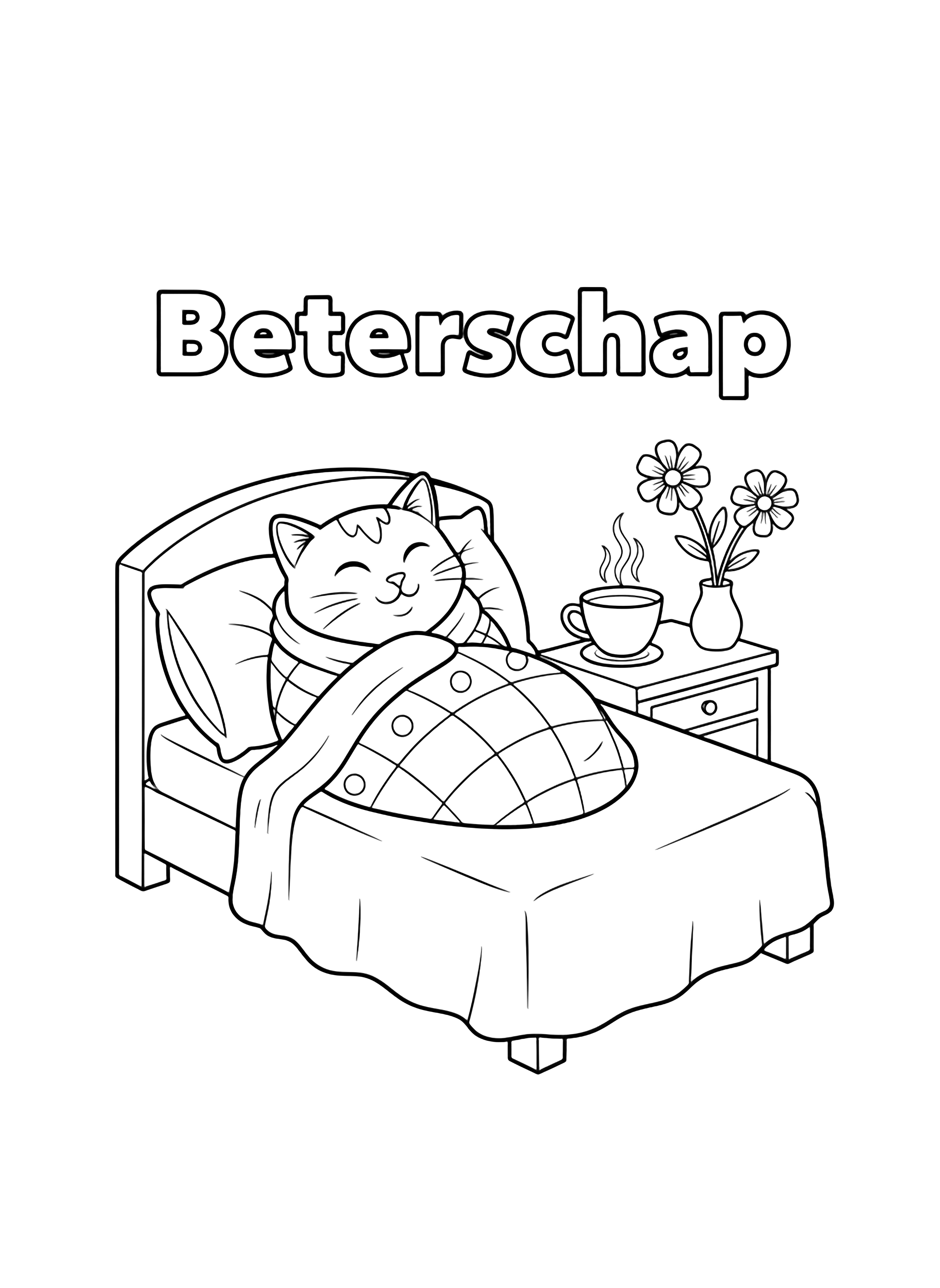 A smiling cat wrapped in a blanket lies on a bed; beside it a teacup, two simple flowers, and the word "Beterschap." kleurplaat
