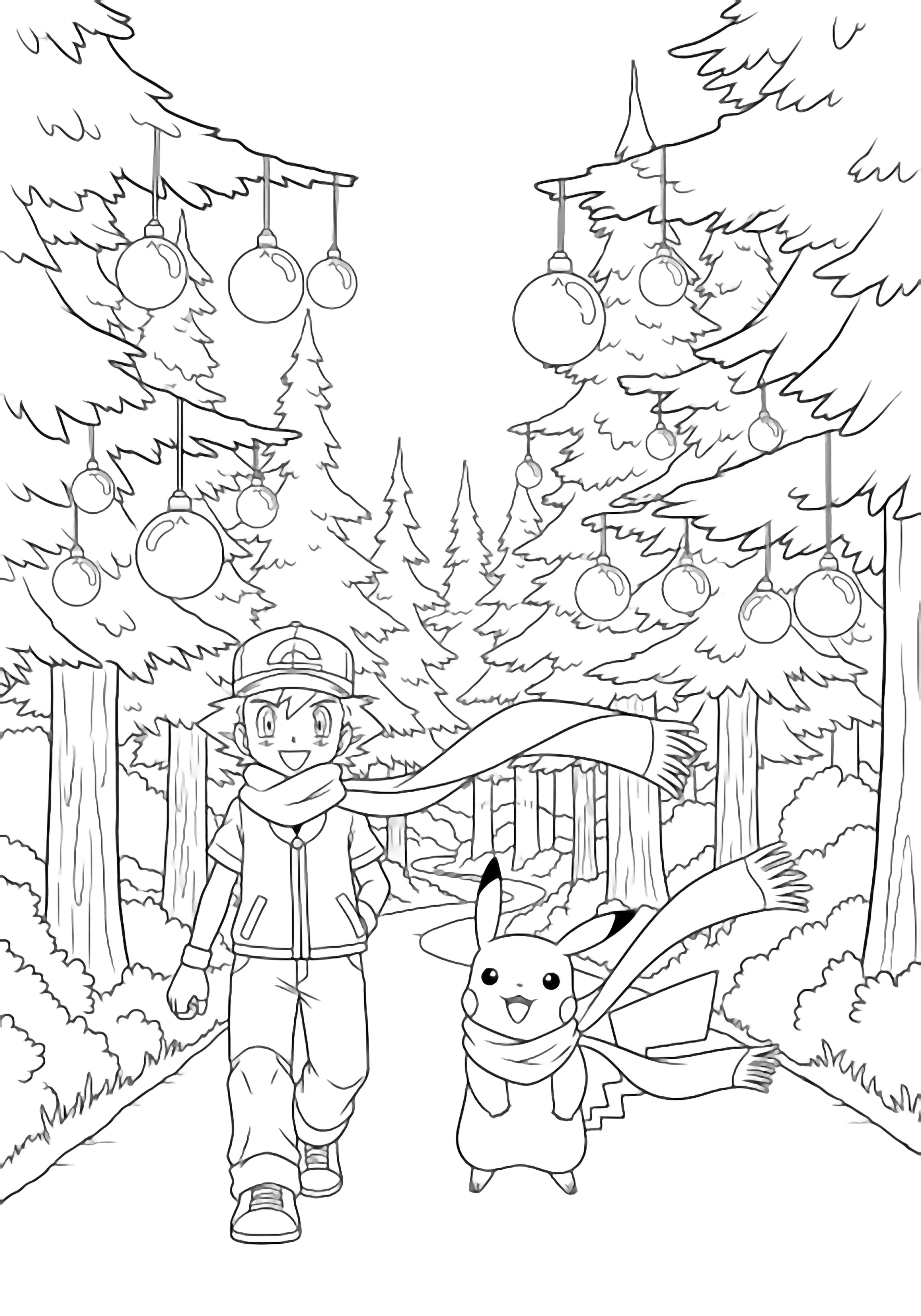 Ash and Pikachu walk together along a forest path, their long scarves flowing, framed by tall pines with dangling bulbs. kleurplaat