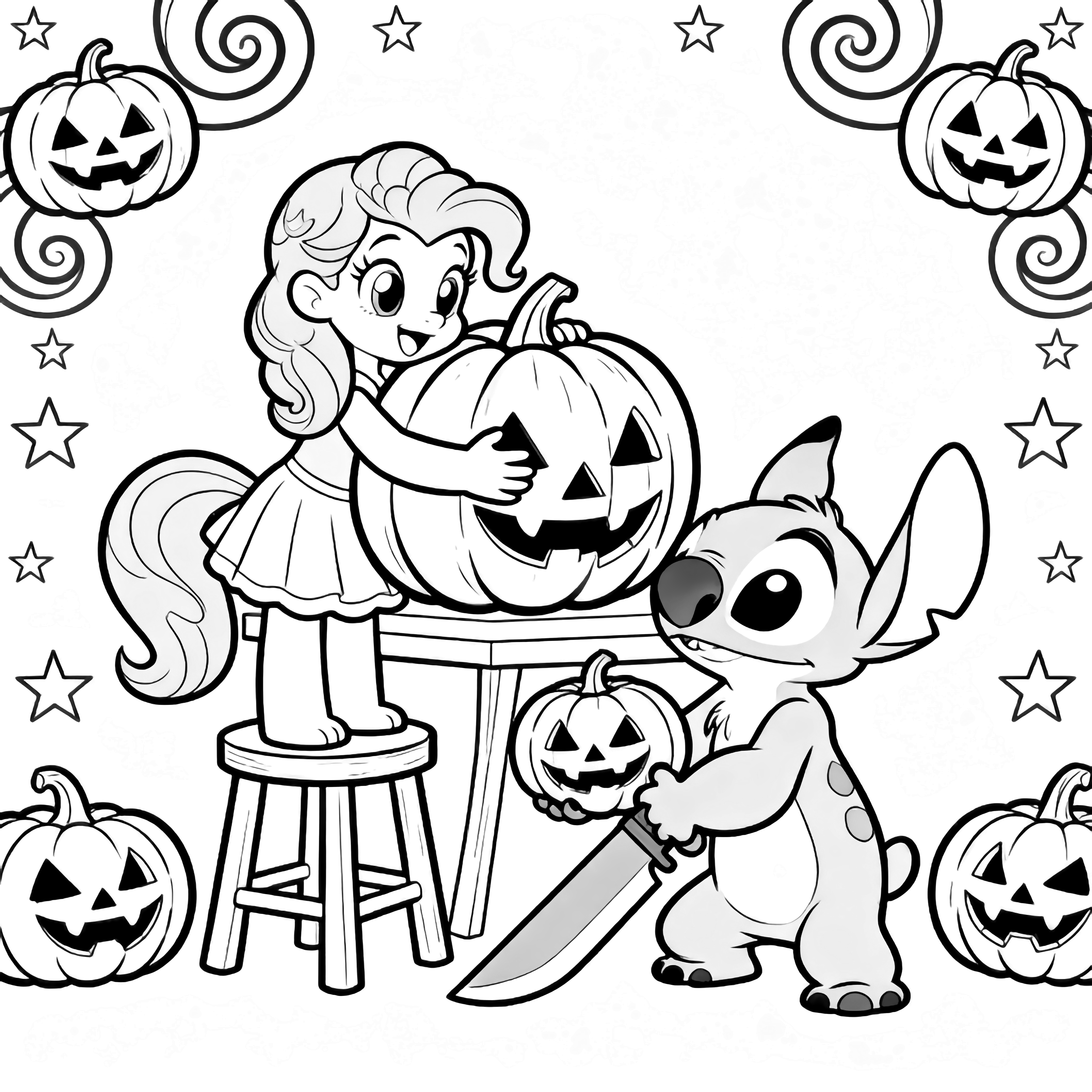 Pinkie Pie on a stool hugs a huge pumpkin; Stitch kneels with a tiny pumpkin and knife, jack-o'-lanterns and swirling stars around them. kleurplaat