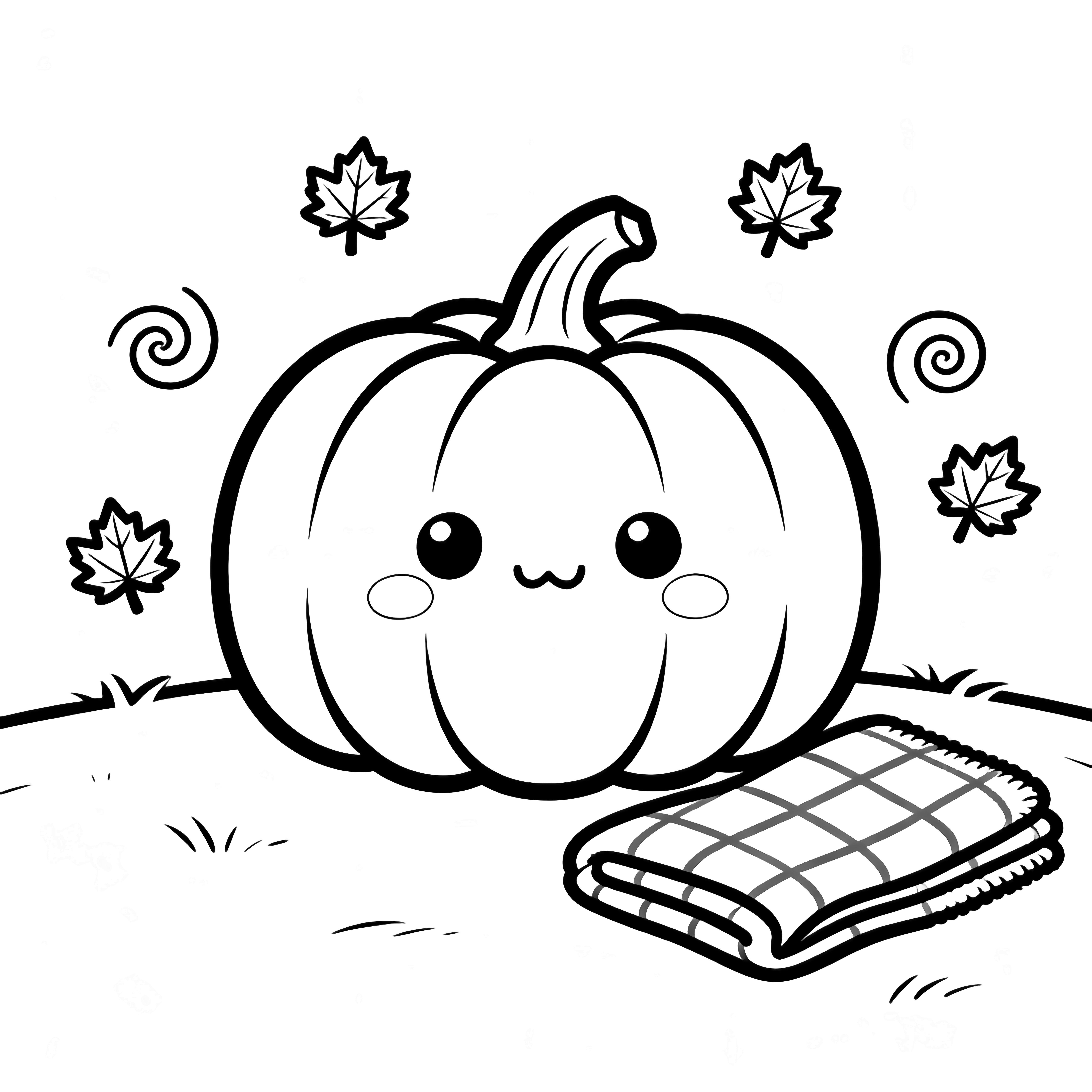 A cheerful kawaii pumpkin smiles in the center while five tiny maple leaves spiral around it and a simple folded blanket rests to the right on empty ground. kleurplaat