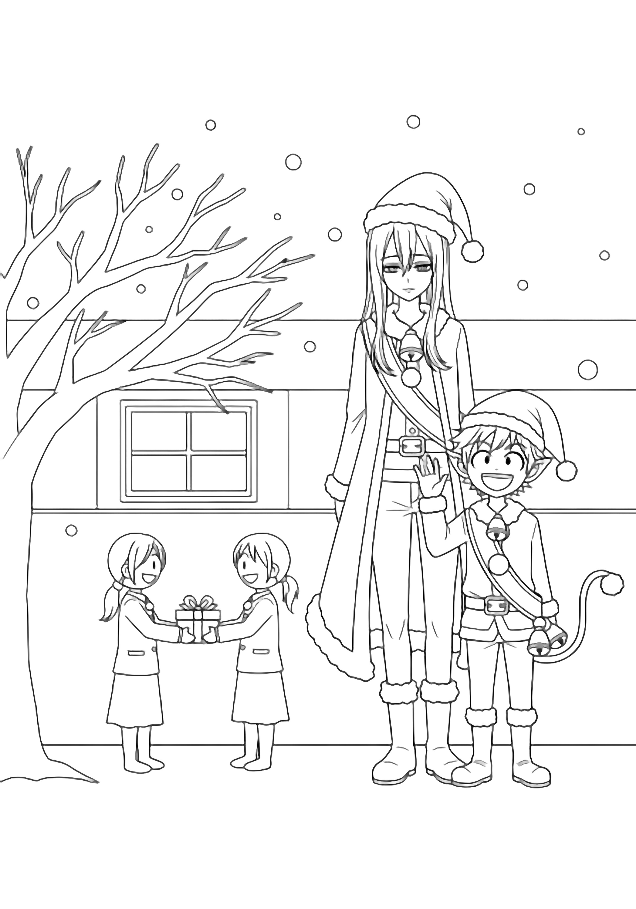 Tall elf Aizawa and Present Mic in pointy hats watch stick-figure students swap gifts beneath a bare winter tree beside a simple school wall with drifting snowflakes. kleurplaat