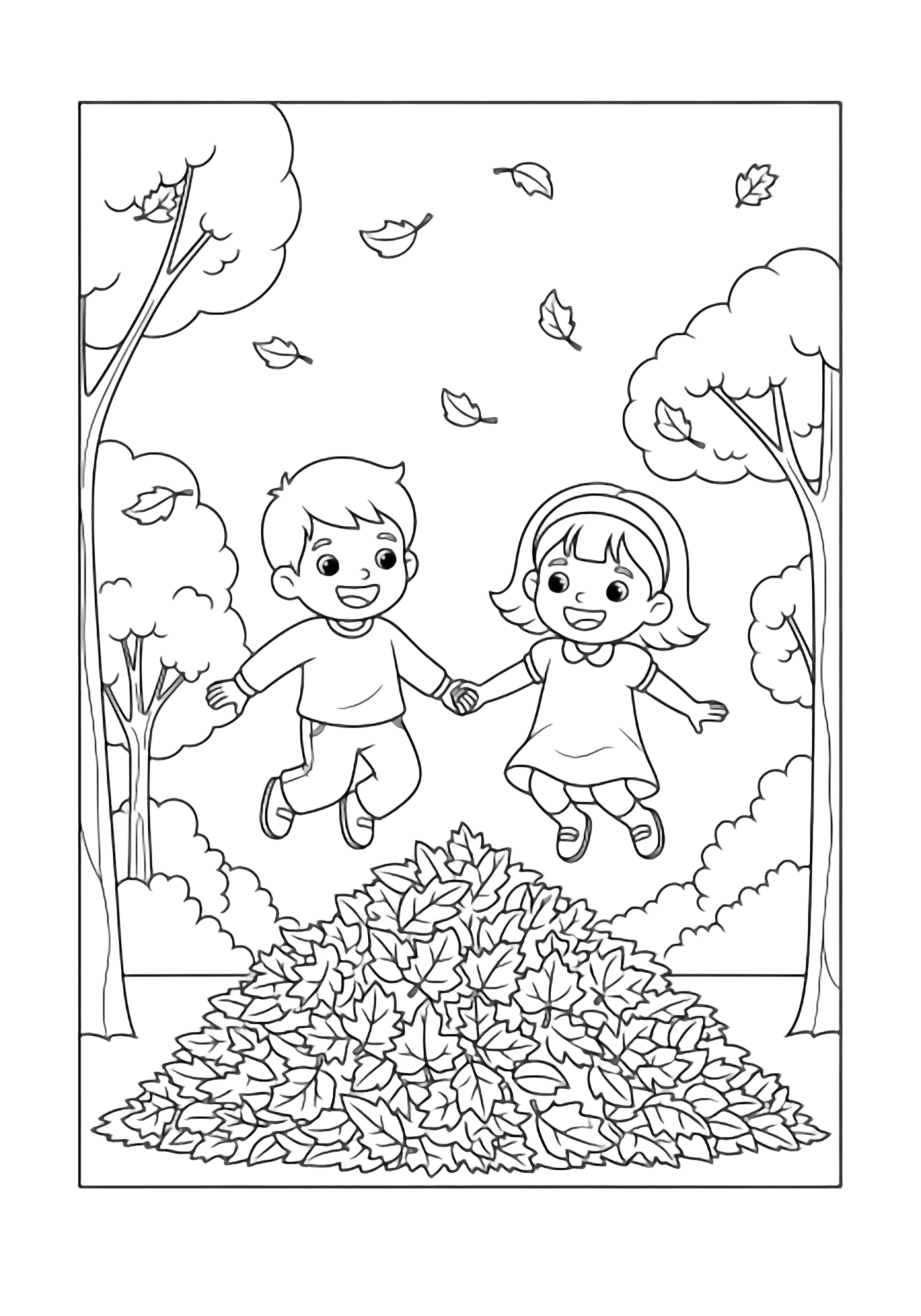 Two joyful children, hand-in-hand, leap above a big leaf pile, framed by simple trees and drifting leaves. kleurplaat