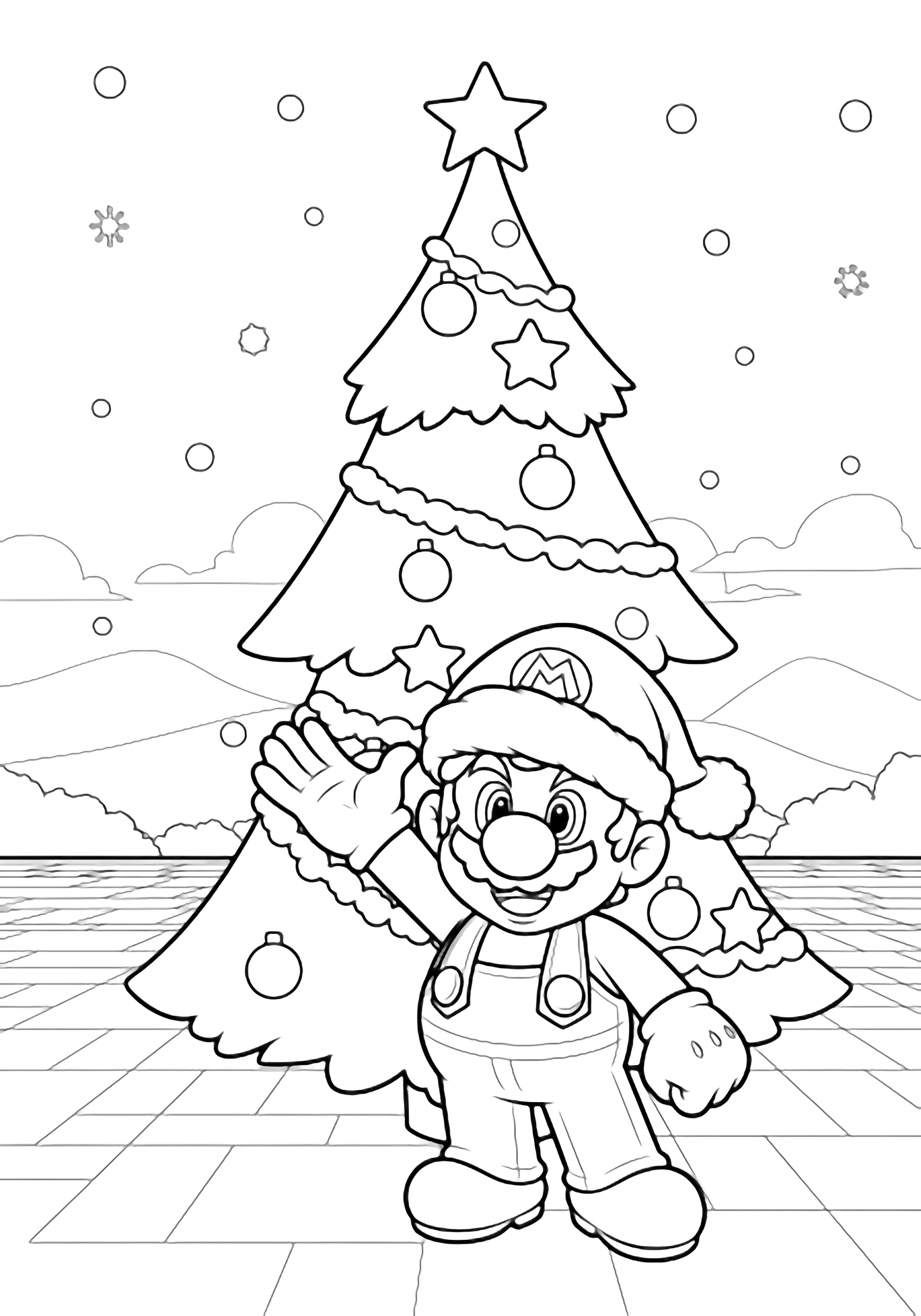 illustration on a Mario in Santa hat waves beside a giant outline Christmas tree; simple plaza bricks distant hills light snowflakes drifting bold white spaces everywhere to color clean black kleurplaat