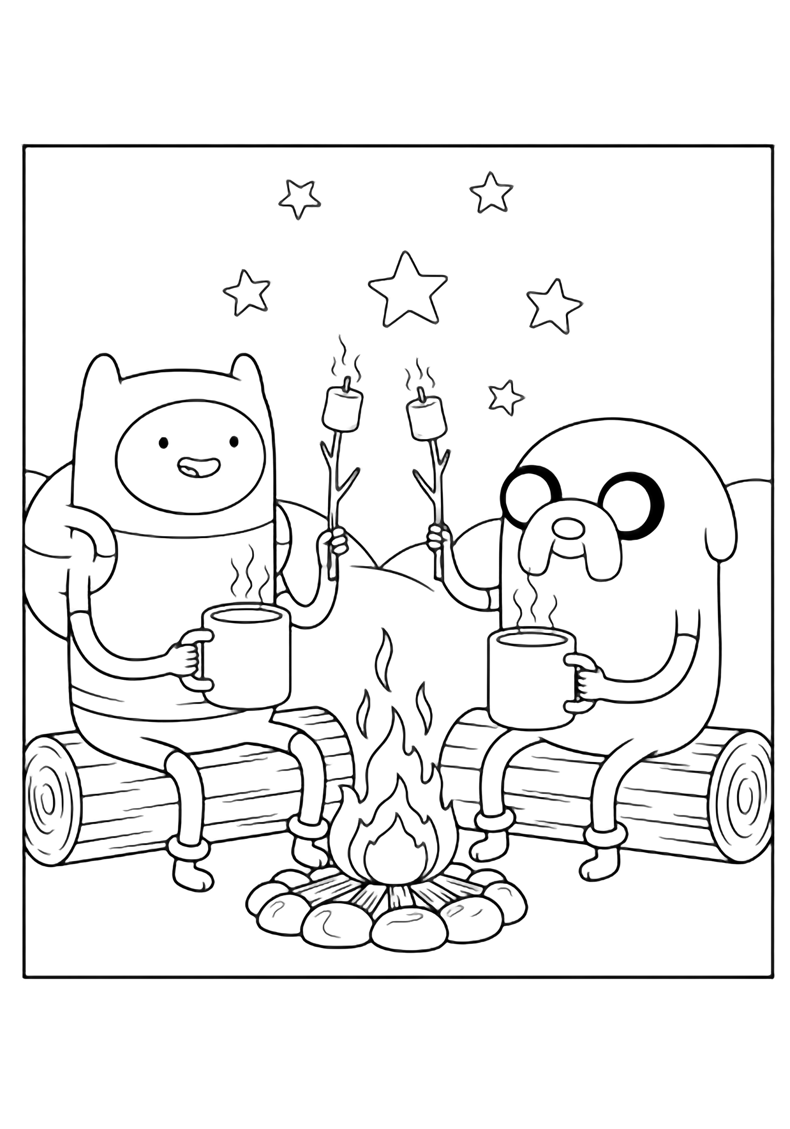Finn and Jake sit on log seats, holding big round mugs, roasting marshmallows over simple flames beneath starry sky. kleurplaat