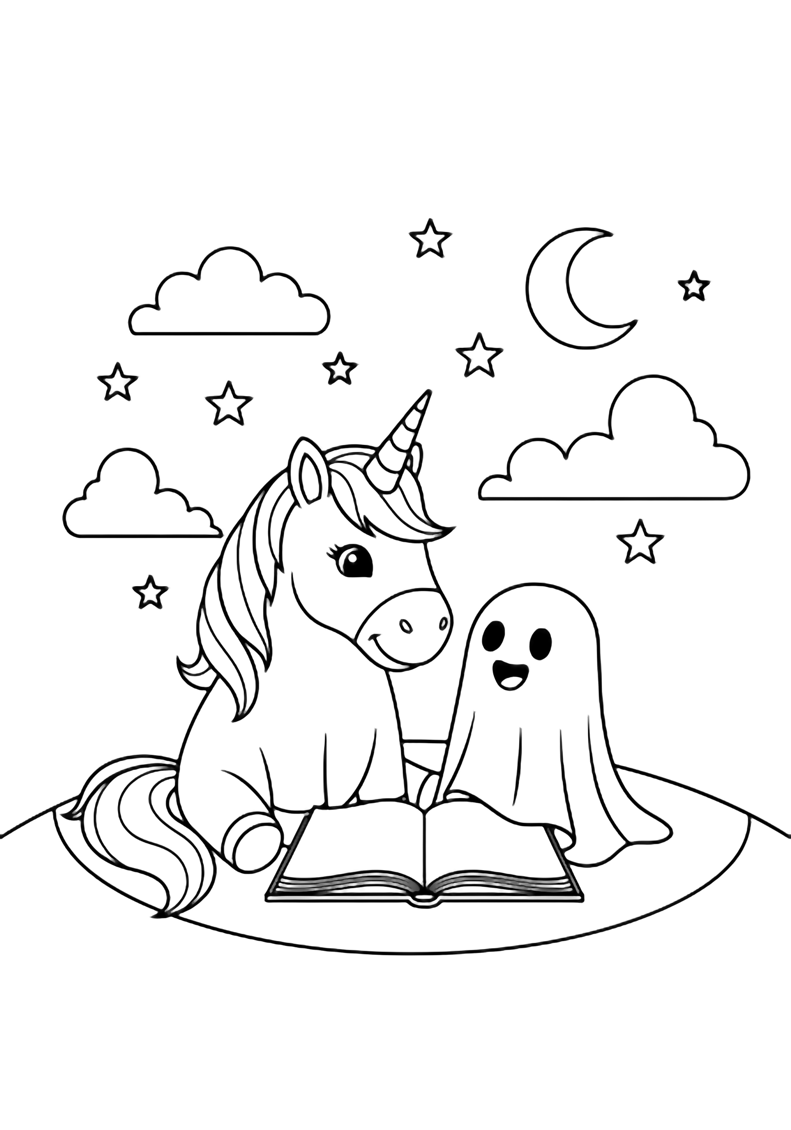 A smiling unicorn and a tiny sheet-ghost sit together on a hill sharing an open book, with clouds, stars, and a crescent moon floating behind them. kleurplaat