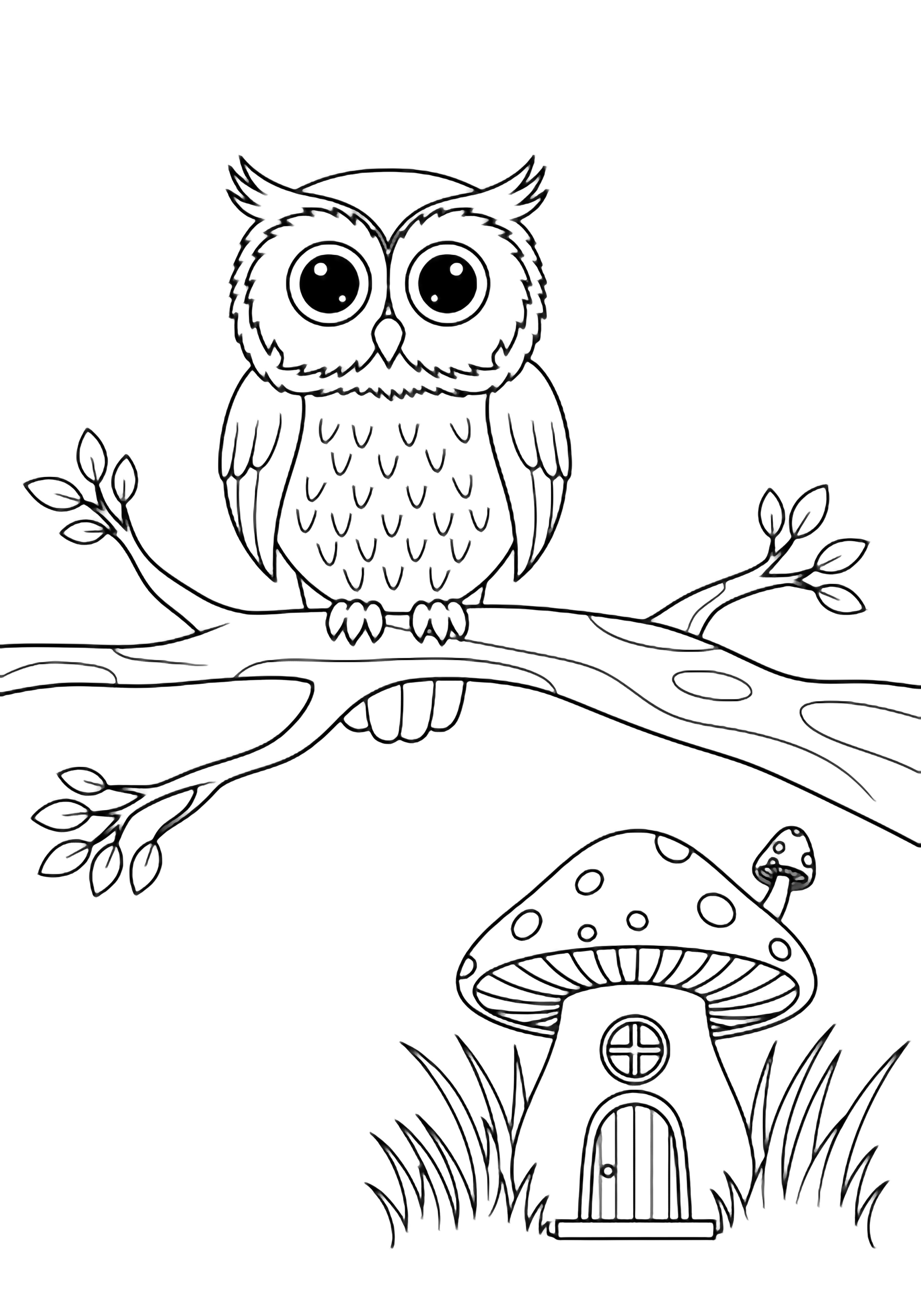 A wide-eyed owl sits on a long branch above a tiny mushroom-house nestled in short grass. kleurplaat