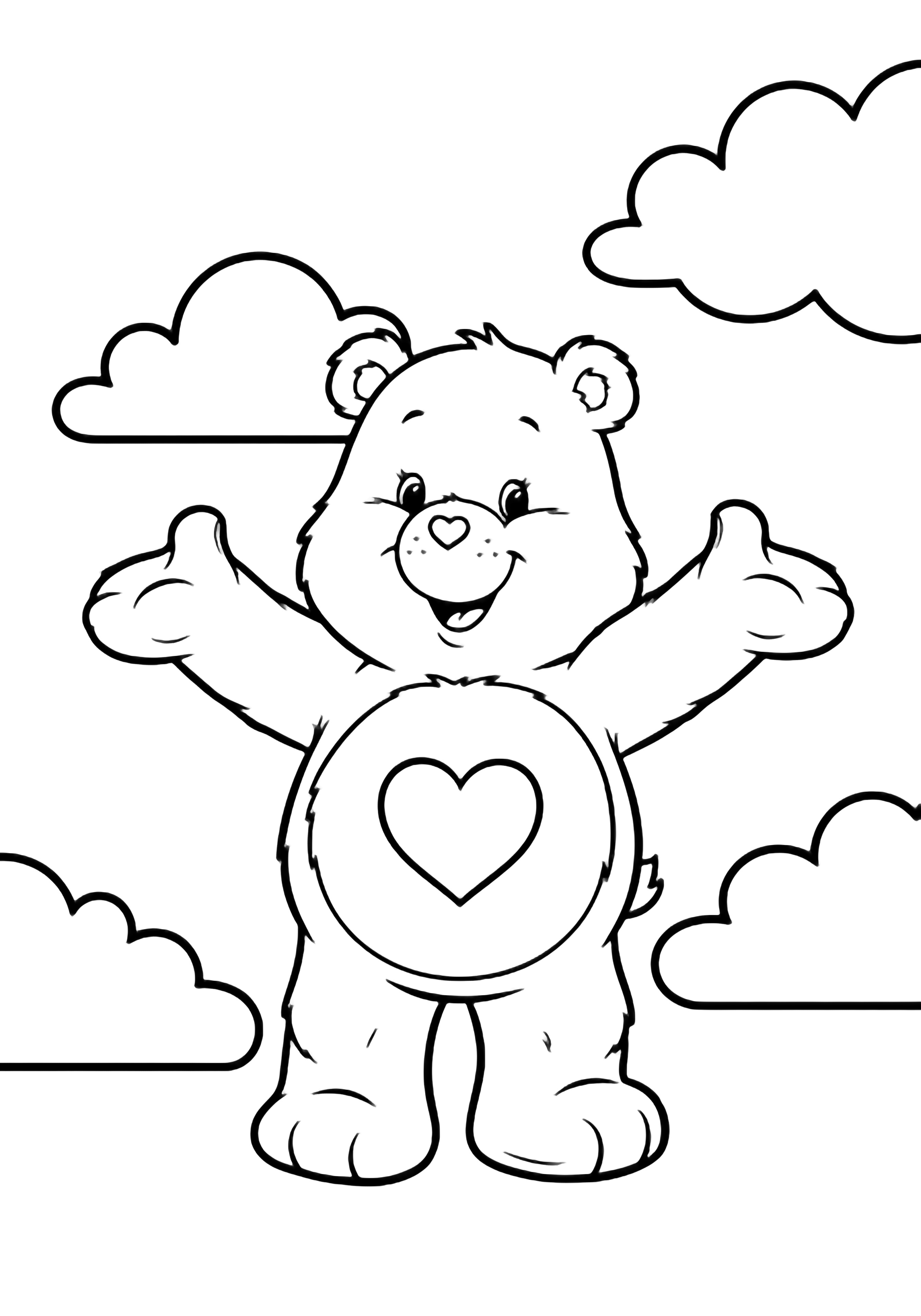 A cheerful Care Bear stands with open arms, a heart on its tummy, fluffy clouds drifting behind. kleurplaat