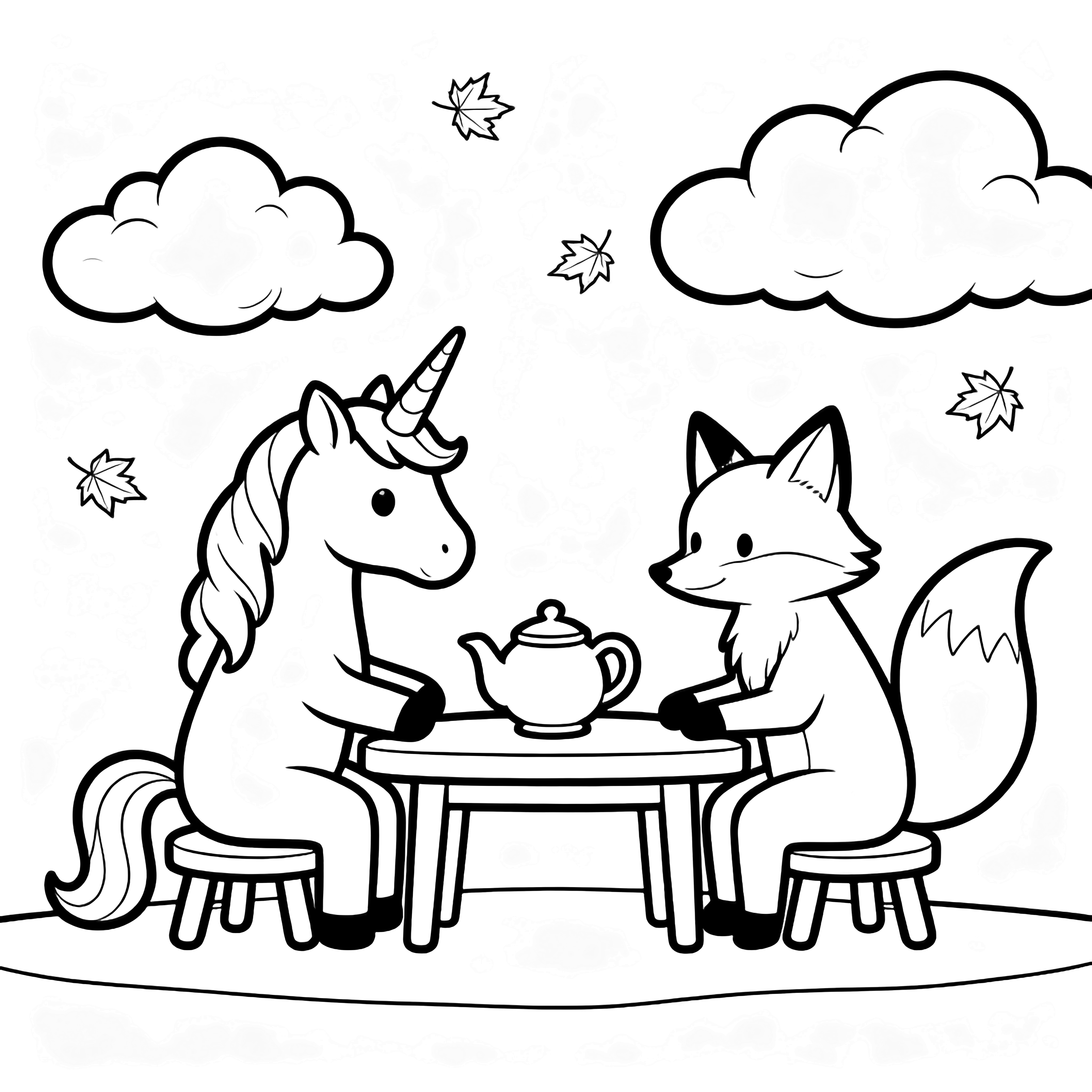Unicorn and fox perched on small stools at a low table with a teapot, clouds and maple leaves floating above. kleurplaat