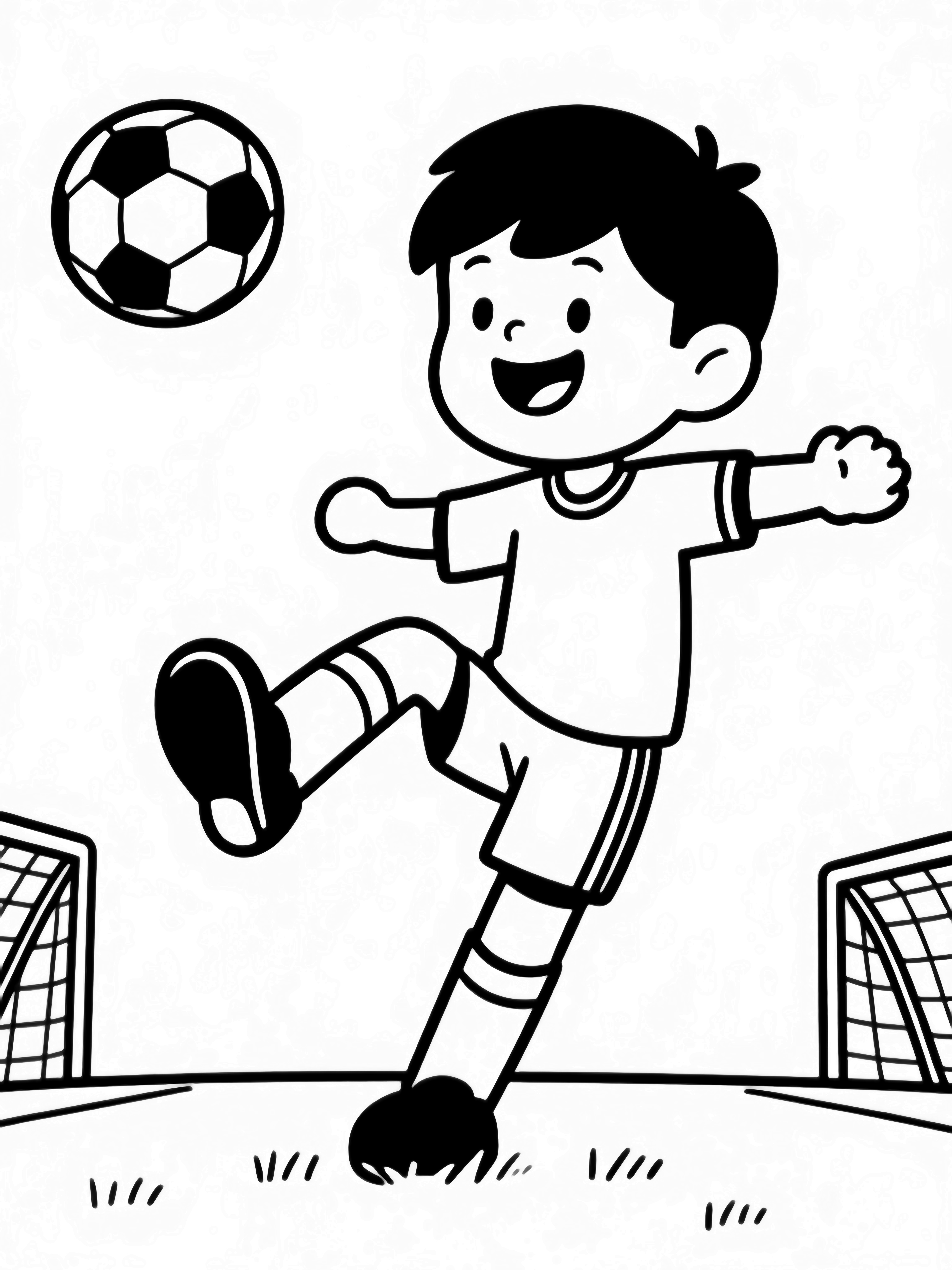 A smiling young soccer player dribbles a ball mid-stride, arms wide for balance, on a field with distant goalposts. kleurplaat
