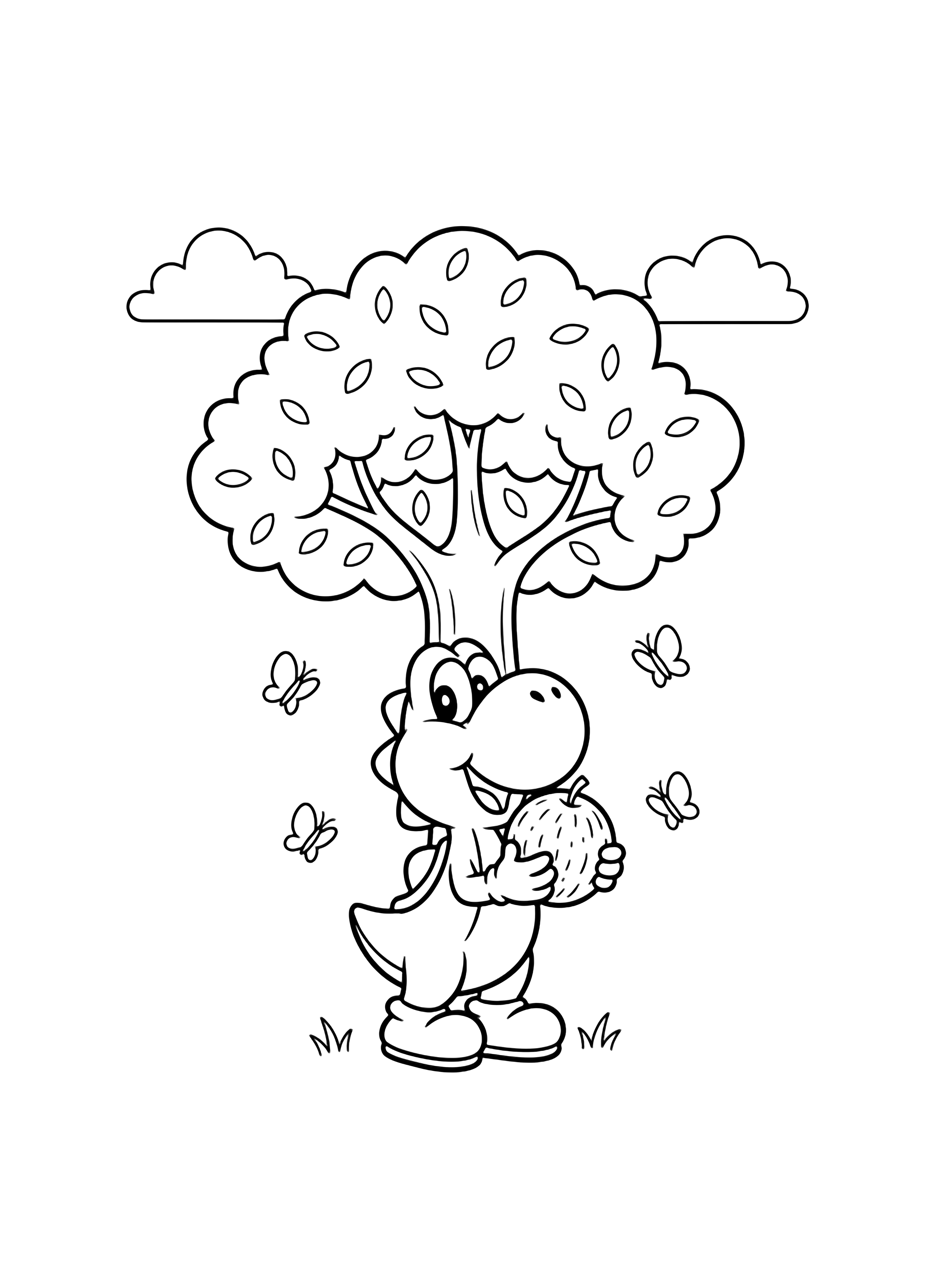 Yoshi under a leafy tree munching a big fruit, three butterflies dancing close, tufts of grass and a couple of clouds nearby. kleurplaat