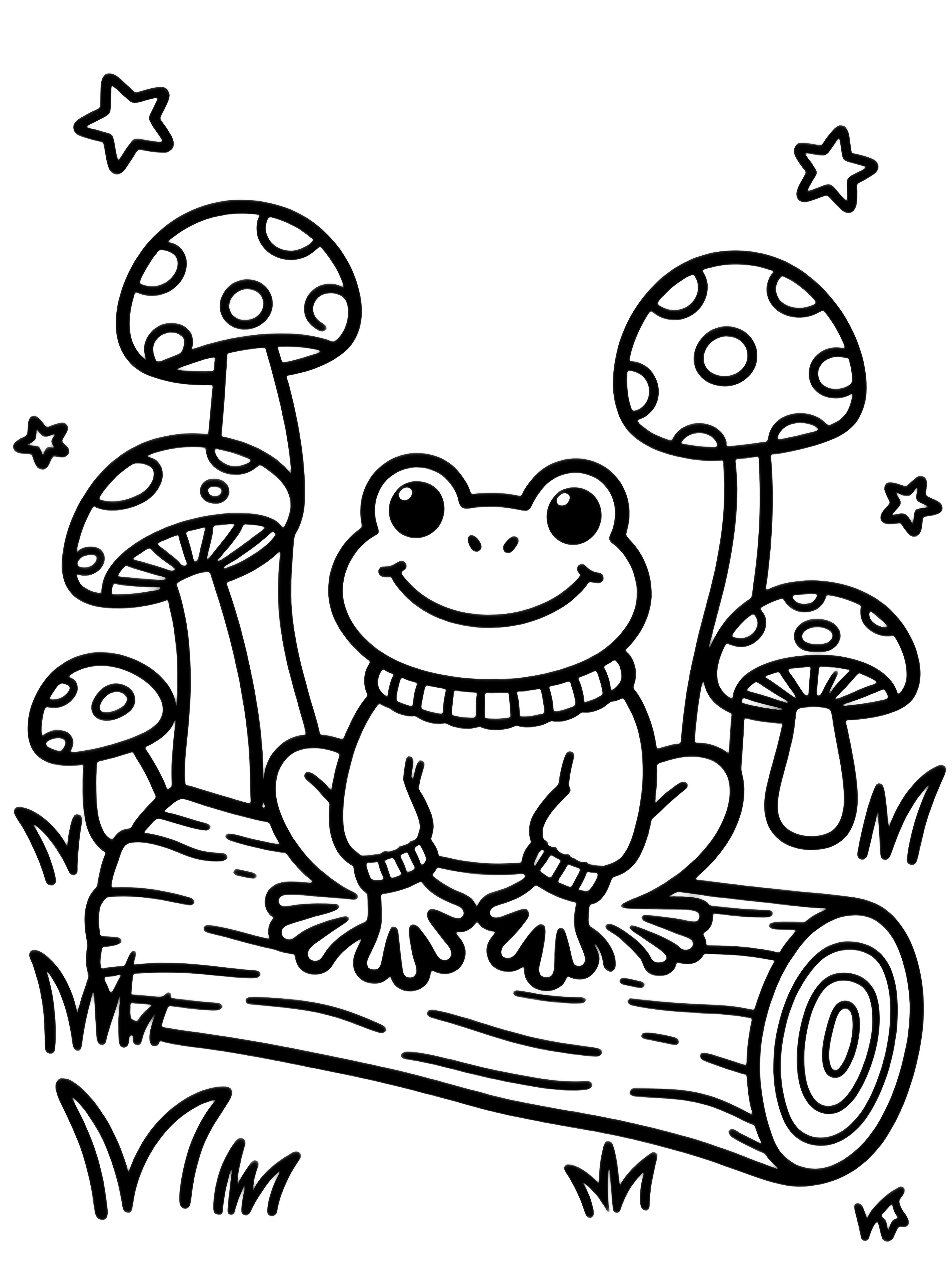 A cheerful frog in a thick sweater sits on a log, flanked by five round mushrooms, with grass and little stars scattered around. kleurplaat