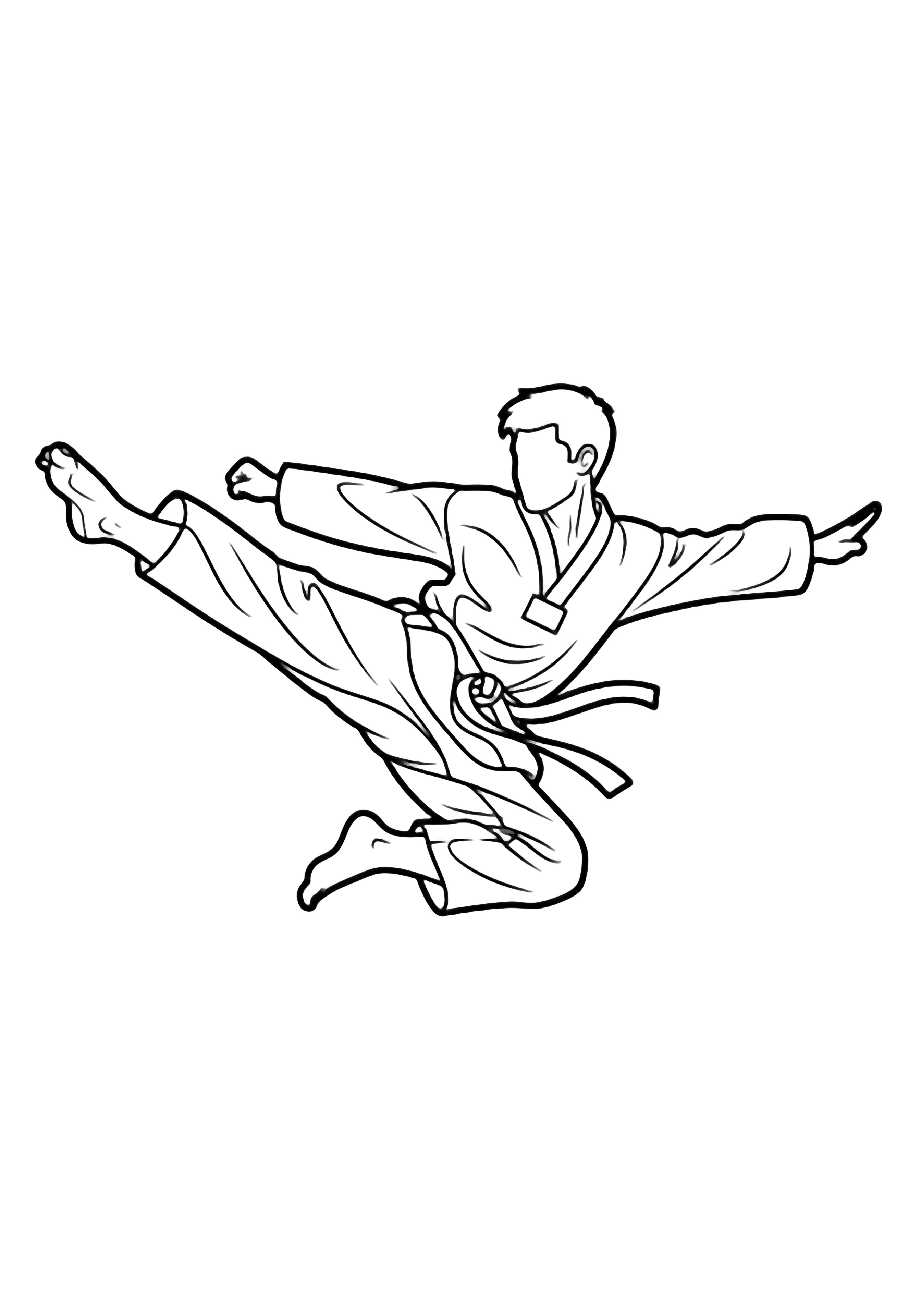 A joyful taekwondo athlete suspended mid-kick, arms spread wide, dobok sleeves and belt billowing against empty white space. kleurplaat