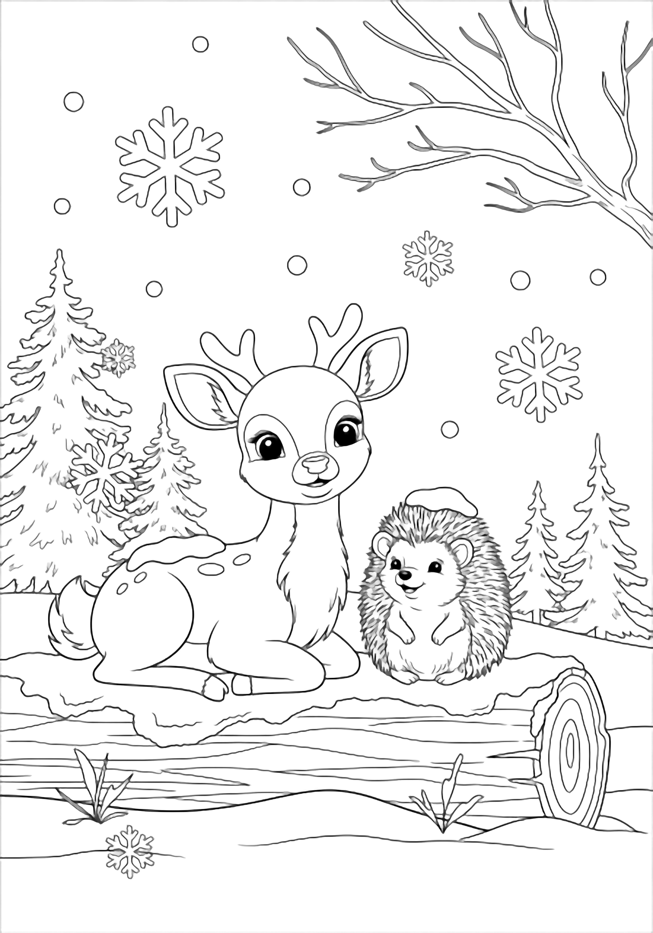 A gentle deer and tiny hedgehog sit together on a snow-covered log, looking up happily as large snowflakes fall around them, framed by pines and bare branches. kleurplaat