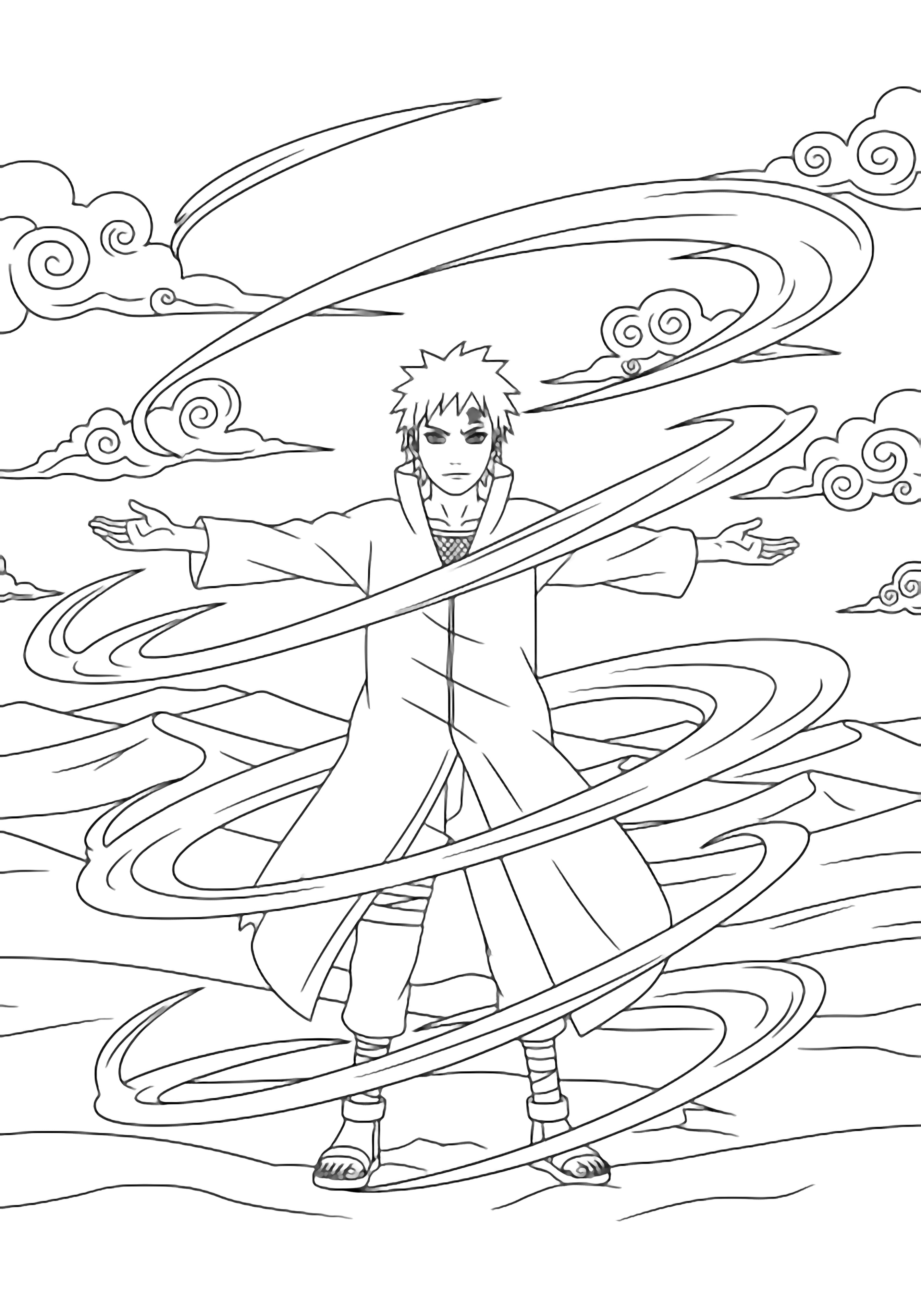 Gaara stands with arms out, sand swirling in wide loops around him; distant dunes and light spiral clouds behind. kleurplaat
