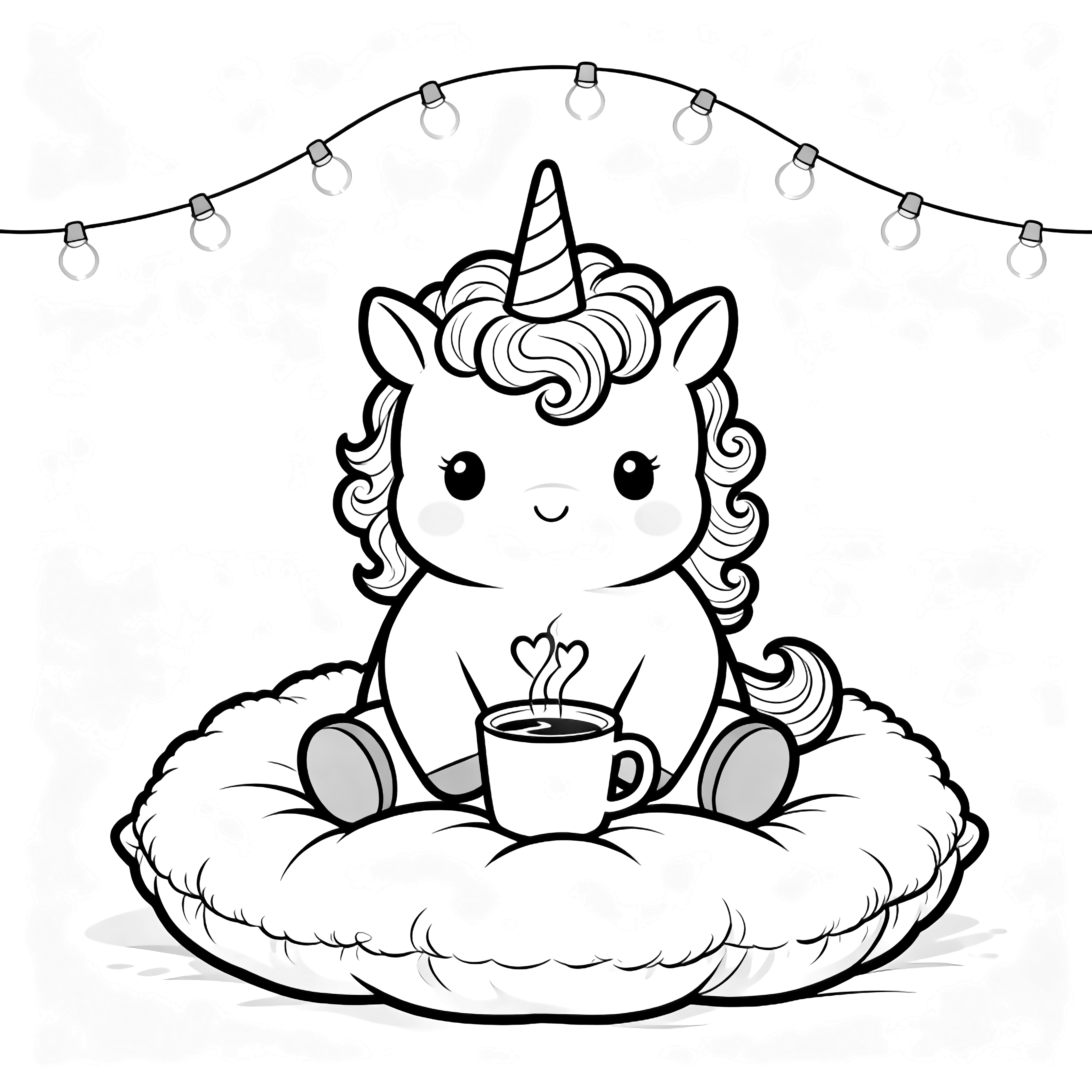 Chubby unicorn with curly mane sits on a round pillow, tiny fairy lights arcing overhead, cradling a cocoa mug that sends up heart-shaped steam. kleurplaat