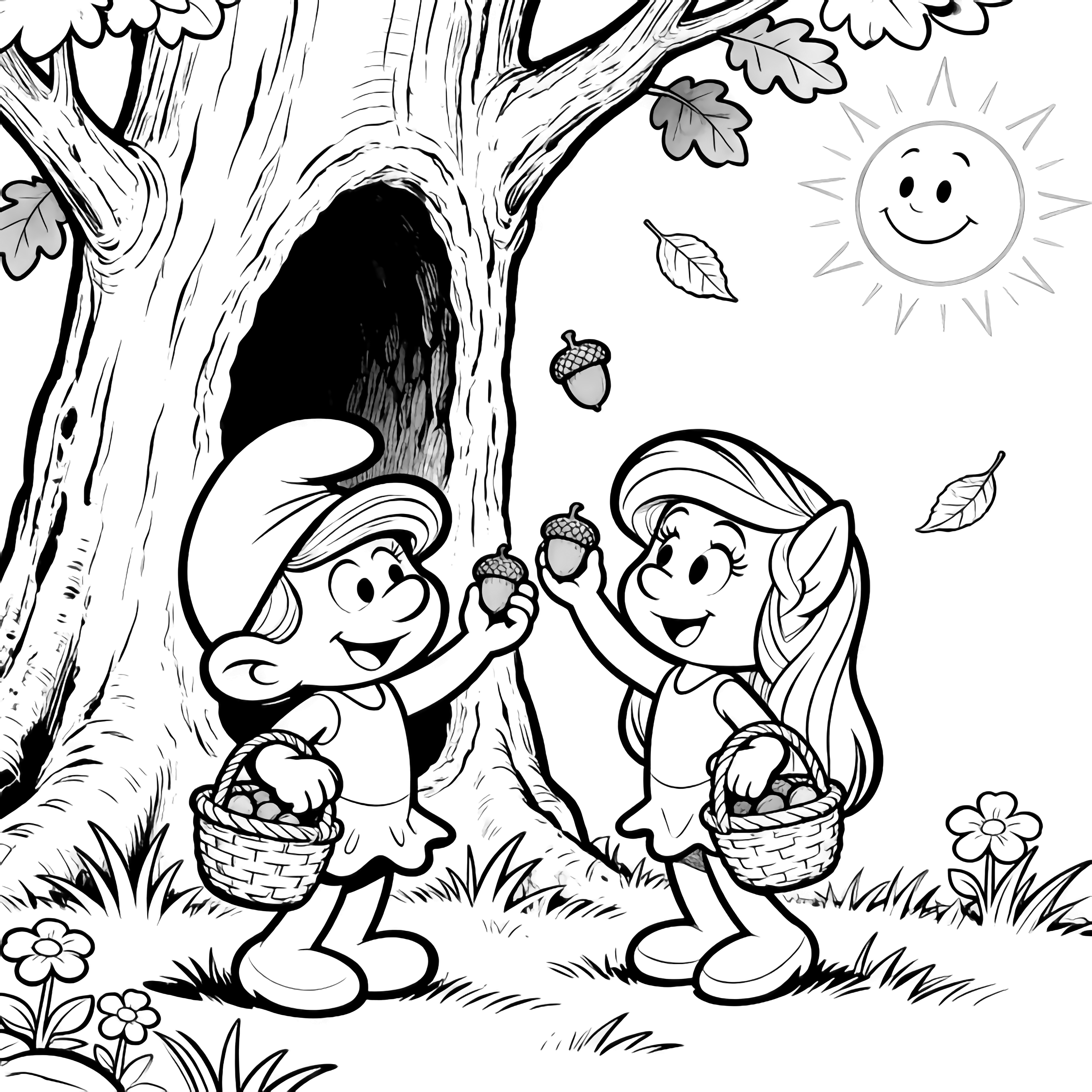 Smurfette and Fluttershy, baskets over their arms, gather acorns under a hollow tree, grass, tiny flowers, drifting leaves, smiling sun above kleurplaat