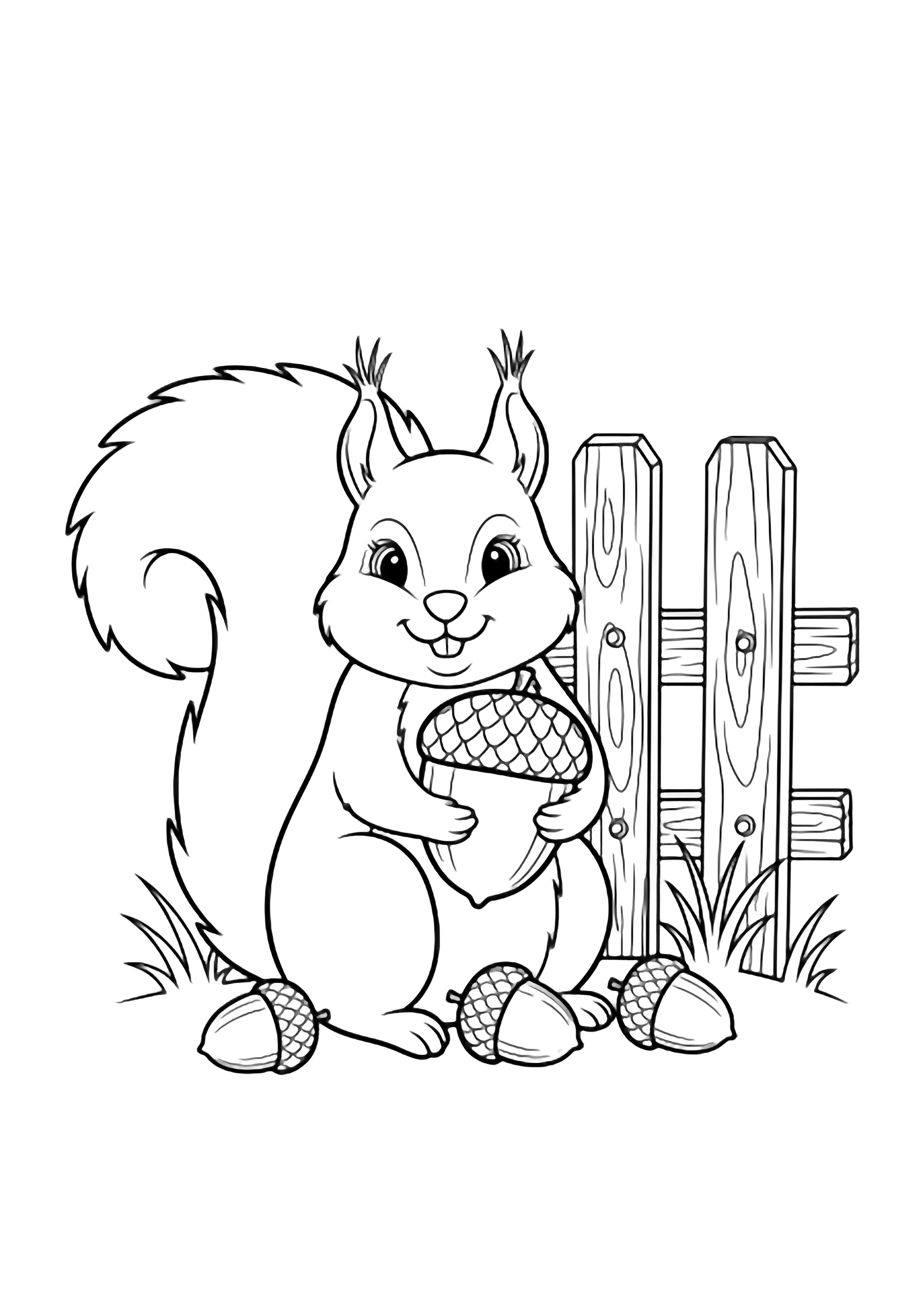 A cheerful squirrel with a fluffy curled tail sits hugging a large acorn, three more acorns at its paws, behind a wooden fence and tufts of grass. kleurplaat