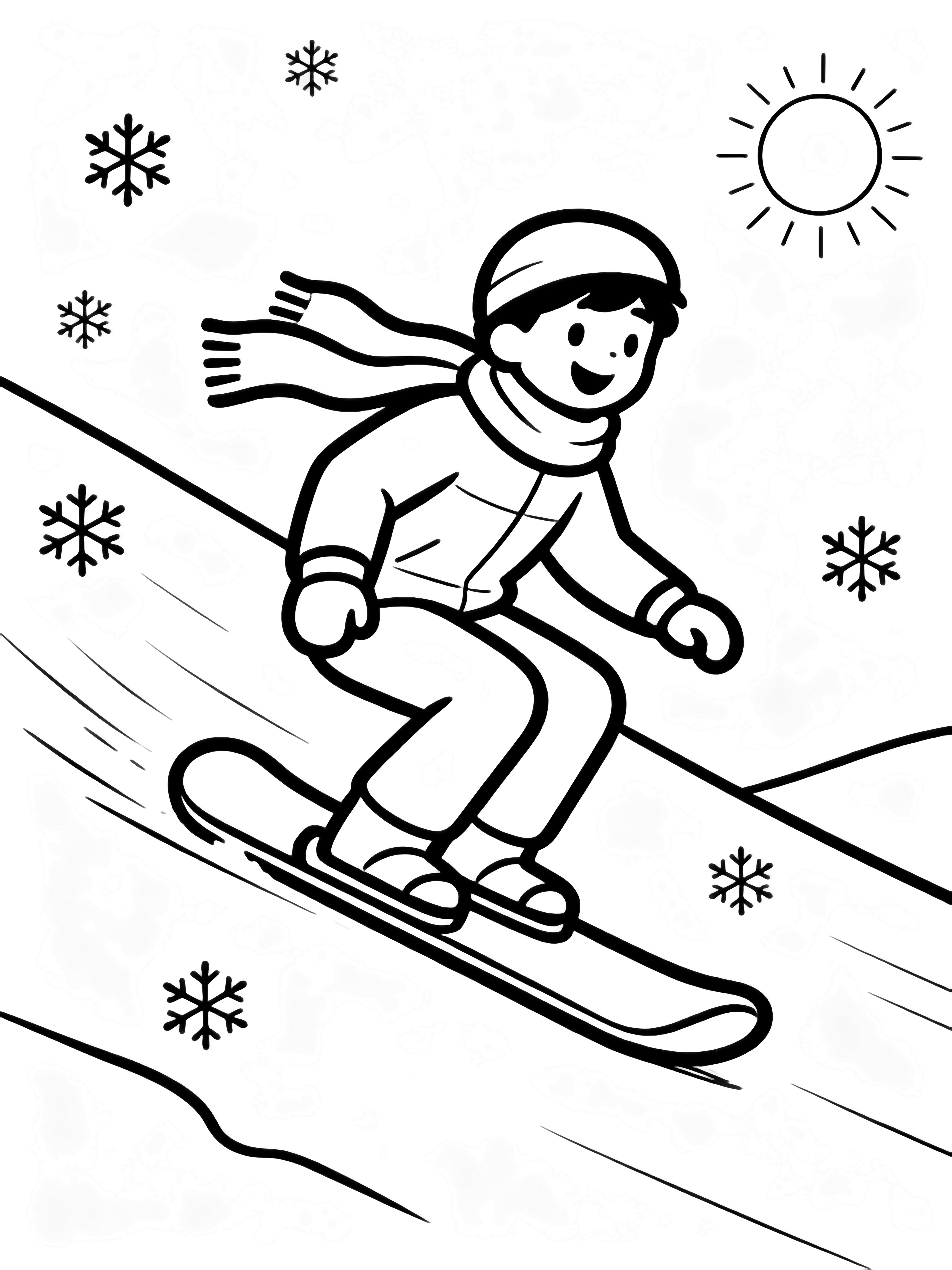 Een glimlachende snowboarder leunt naar beneden, knieën gebogen, sjaal wapperend, op een eenvoudige helling met sneeuwvlokken en een opkomende zon. kleurplaat