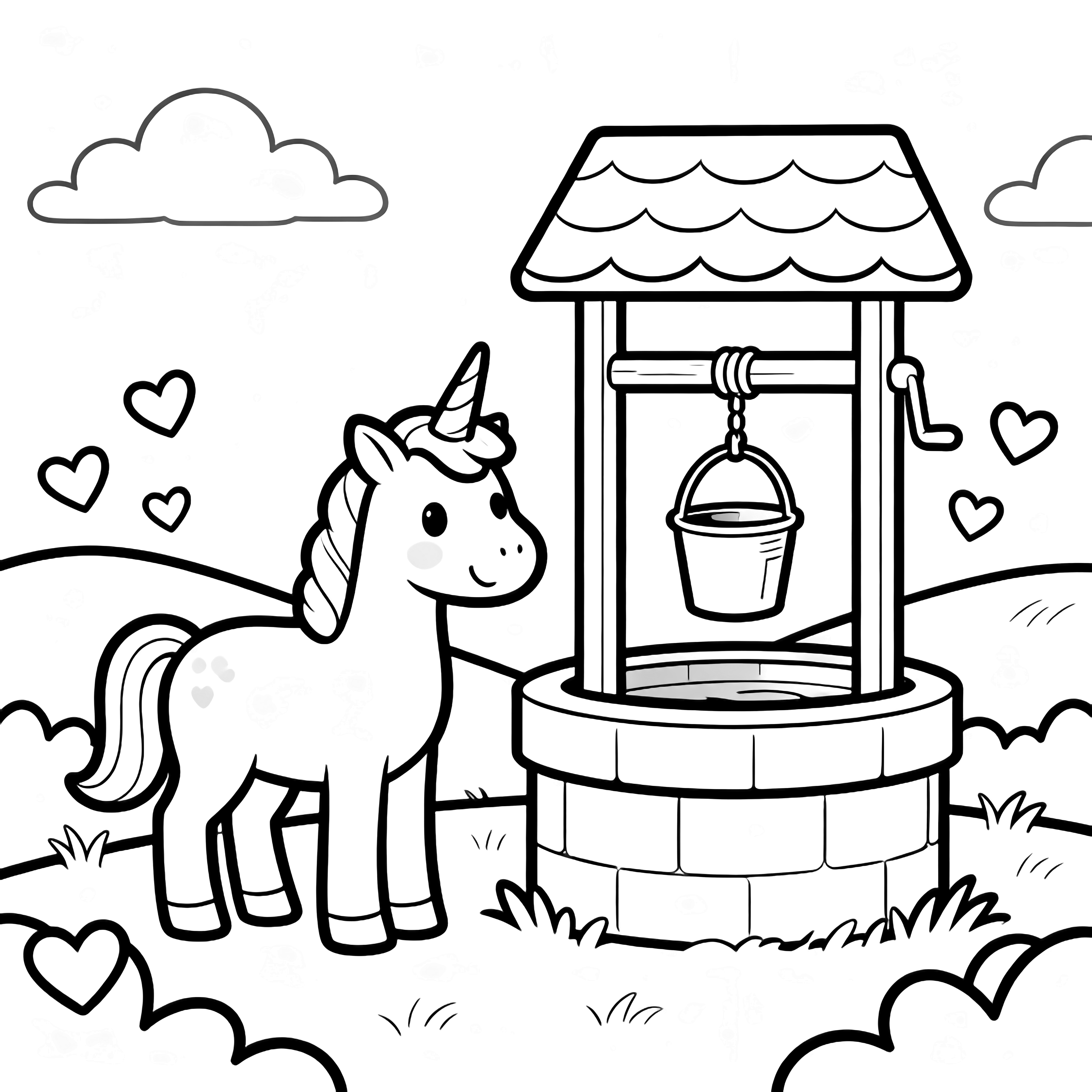 A smiling unicorn beside a wishing well with a hanging bucket, drifting hearts, gentle hills and clouds. kleurplaat