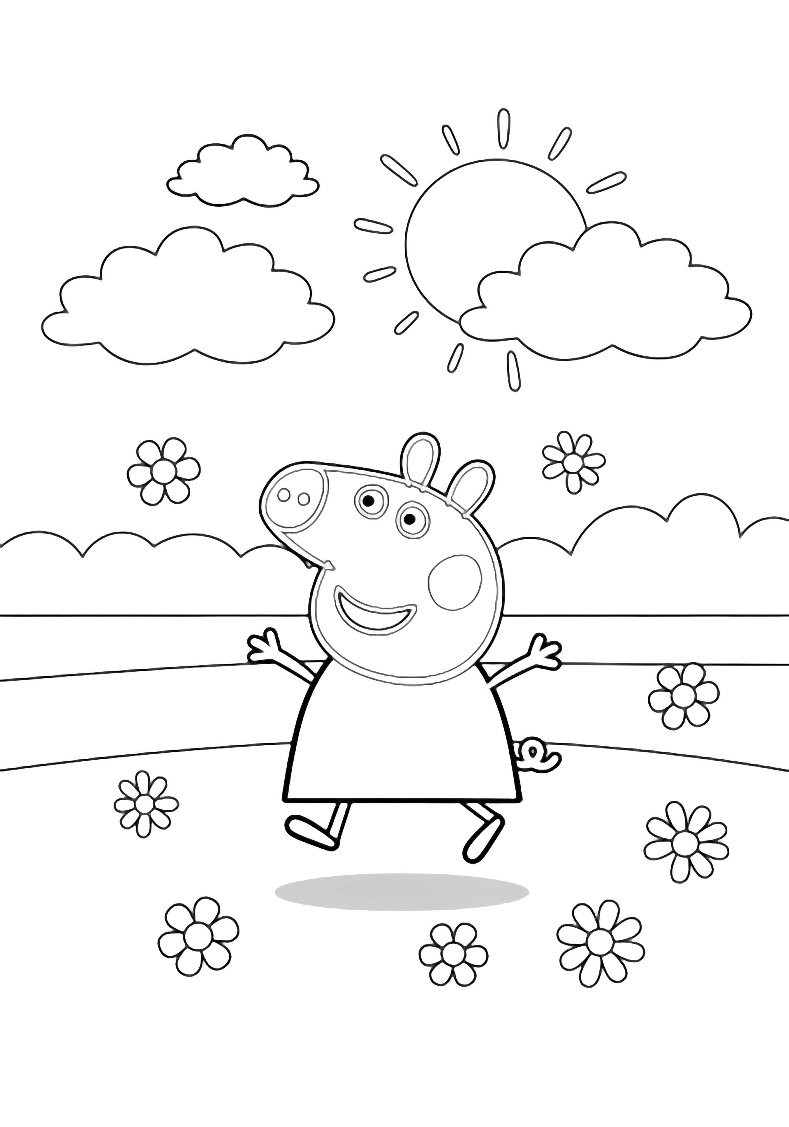 Peppa Pig mid-jump with arms wide, sun behind clouds, horizon line, flowers around kleurplaat