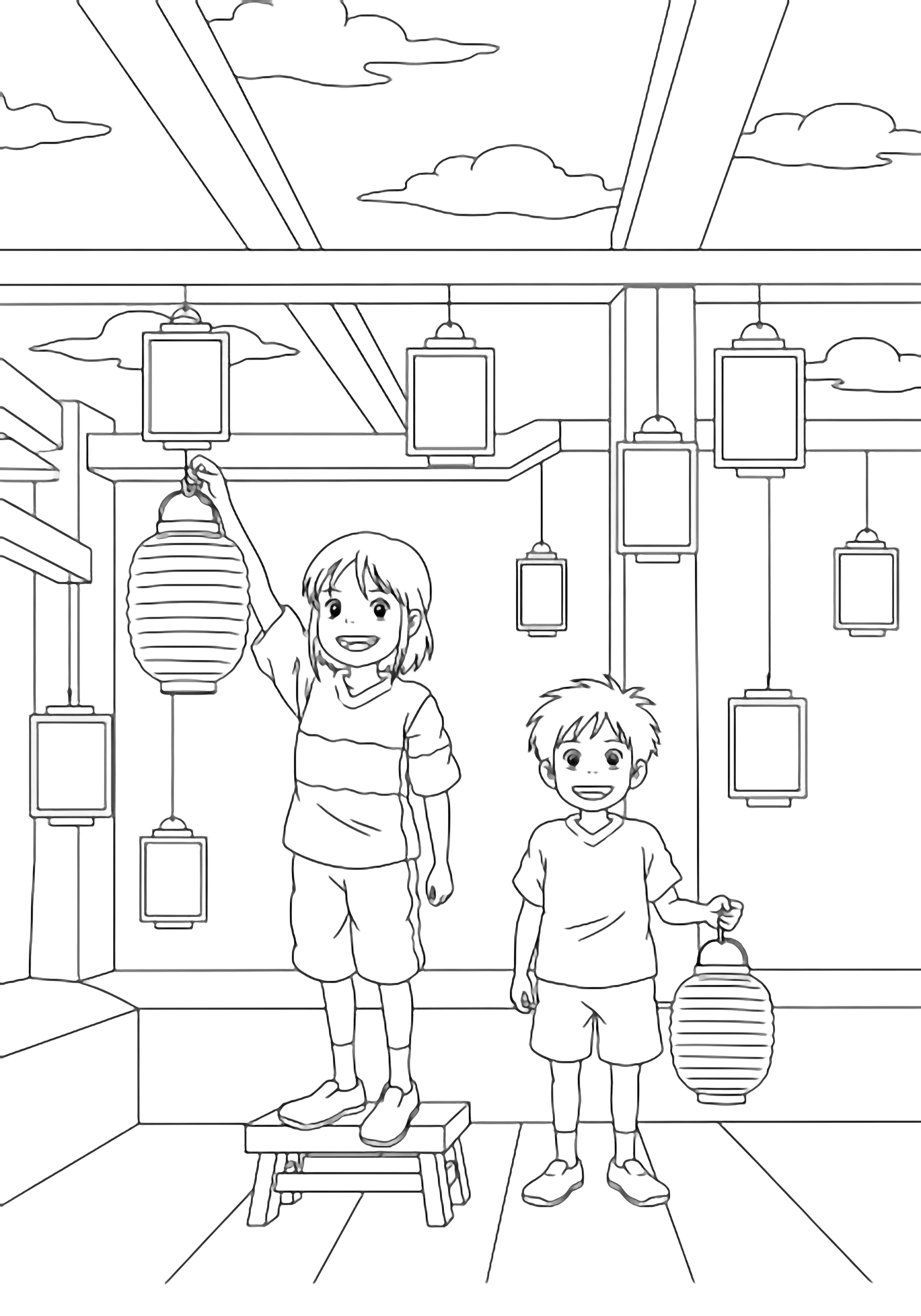 Chihiro reaches up to hang a lantern from a step, Haku beside her holding another, both smiling inside a bathhouse with empty lantern frames and drifting clouds. kleurplaat