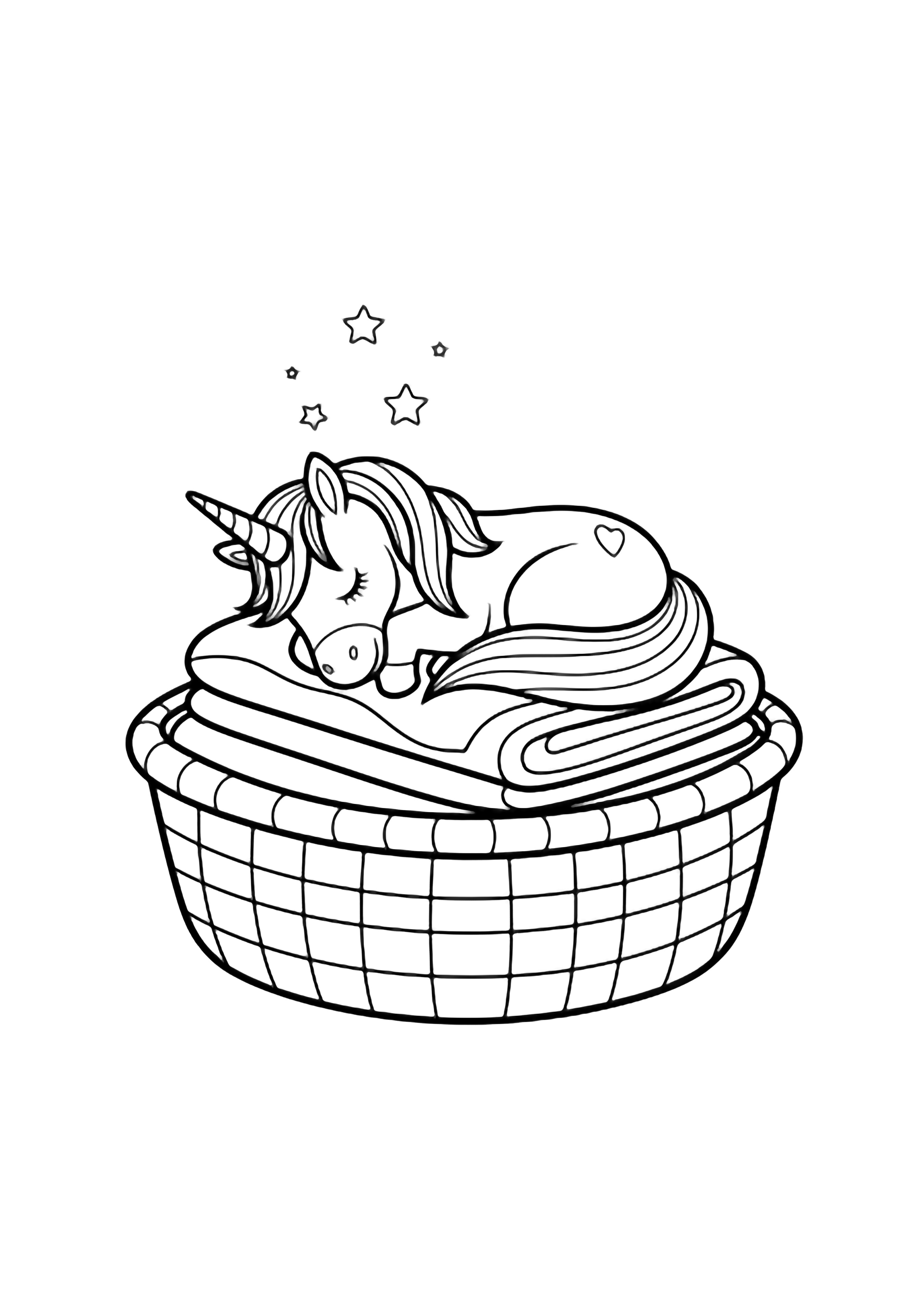 A sleepy unicorn curls inside a round basket, tail wrapped around its body, with stacked blankets below and tiny stars drifting above. kleurplaat