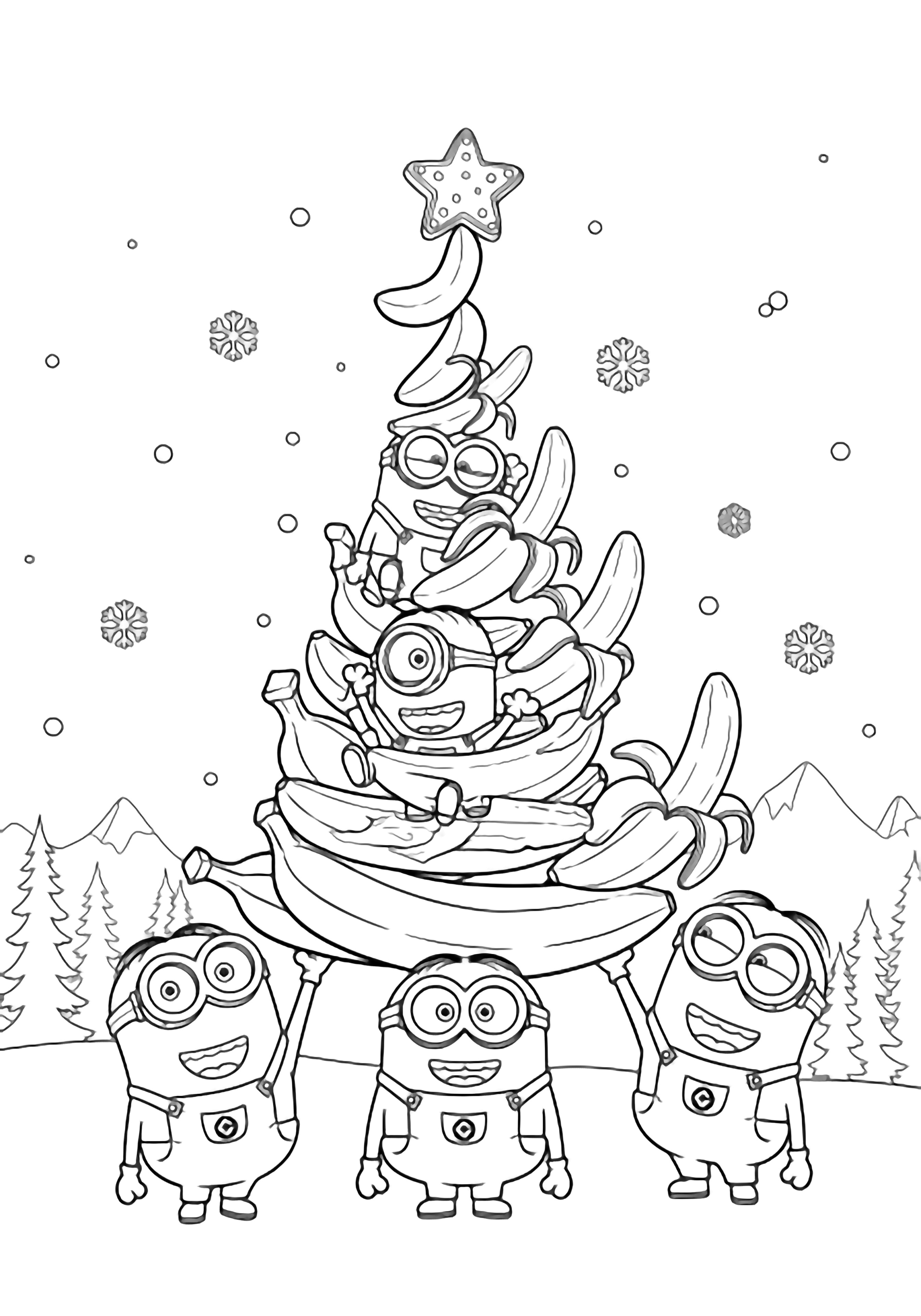Three cheerful Minions stack peeled bananas into a spiraling tree, topping it with a star cookie while snowflakes drift and distant pines frame the scene. kleurplaat