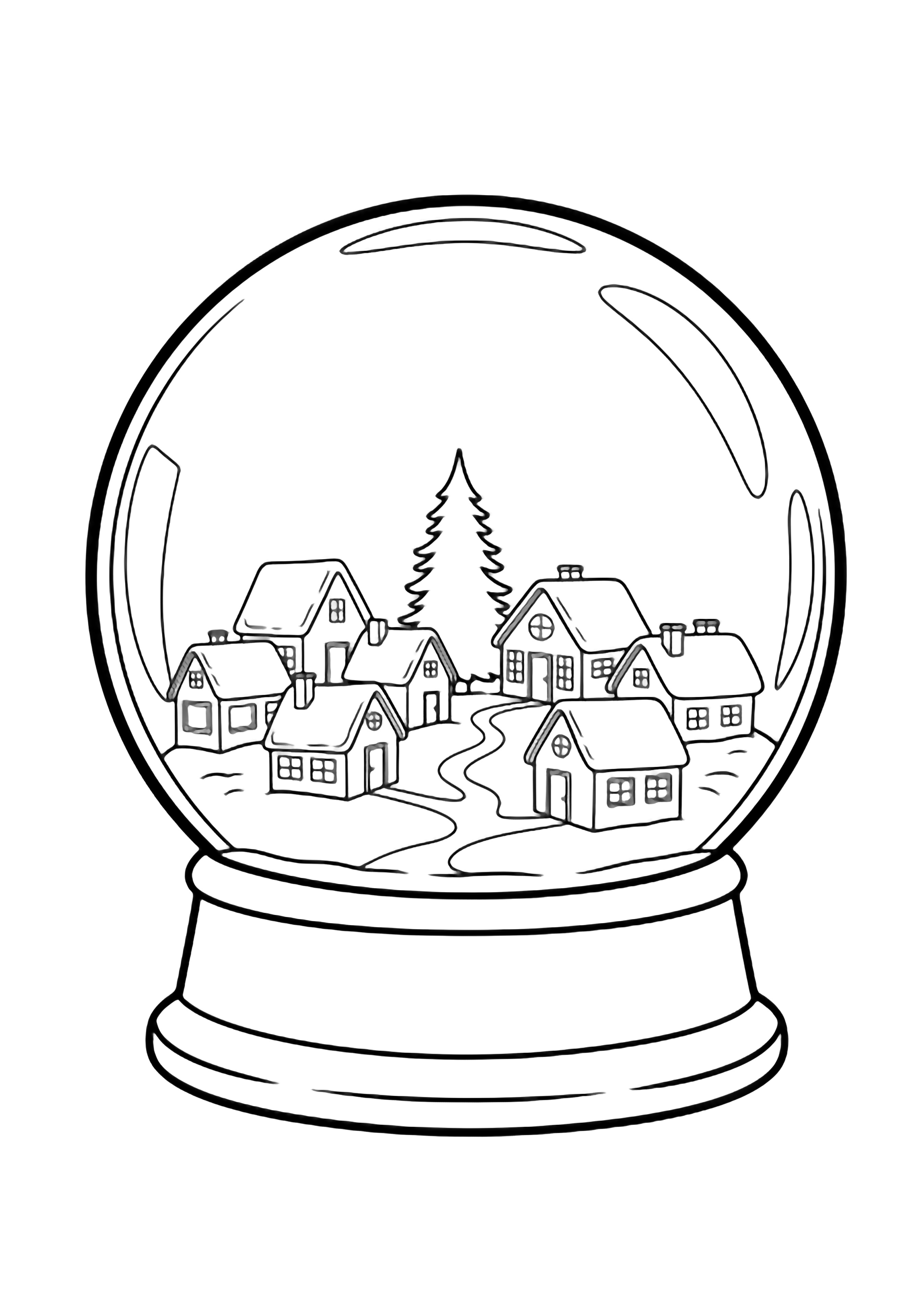 A snow globe cradles a miniature village of cottages, a pine tree, and a winding path. kleurplaat