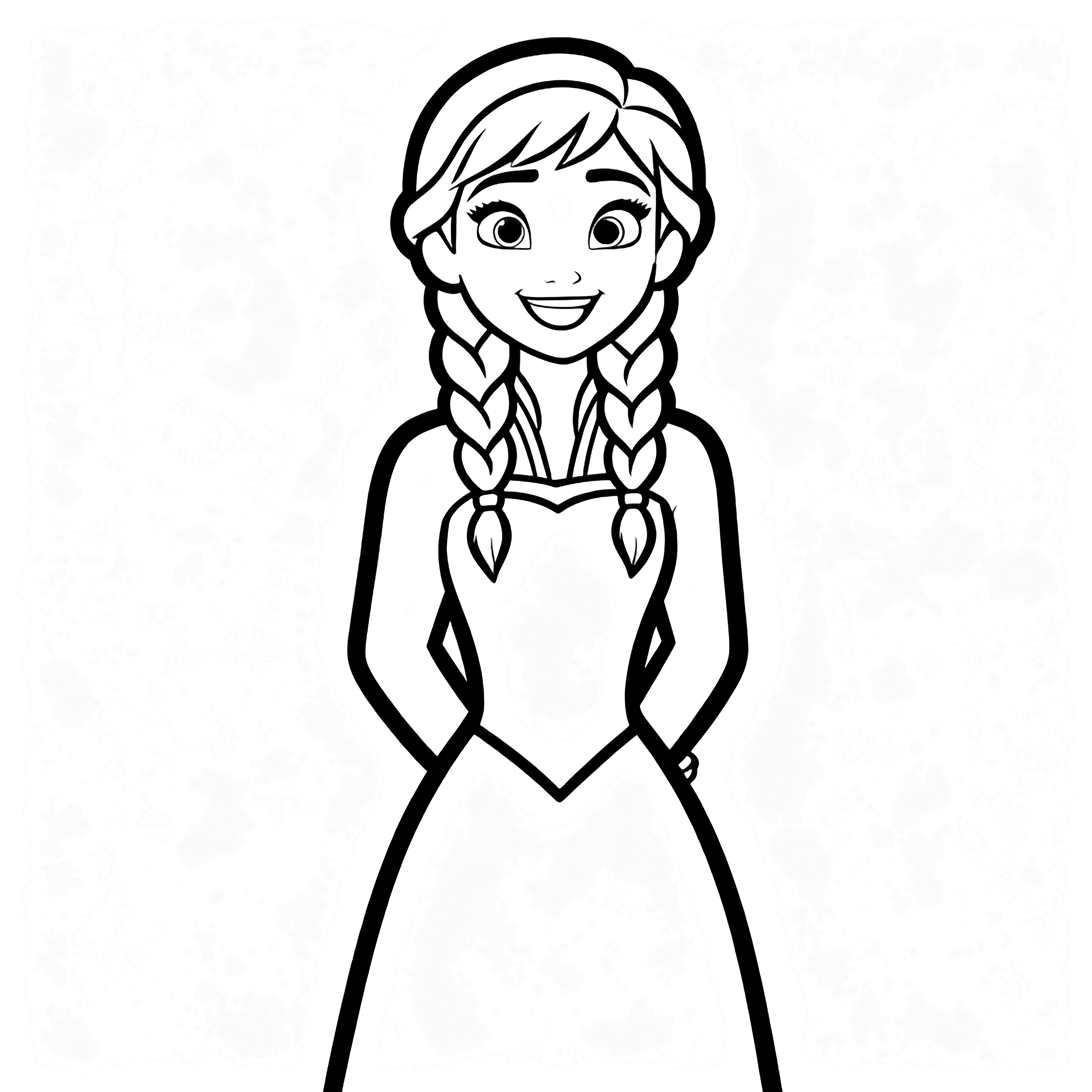 Anna stands centered, hands clasped behind her back, long dress, cheerful smile, hair in simple braided loops. kleurplaat