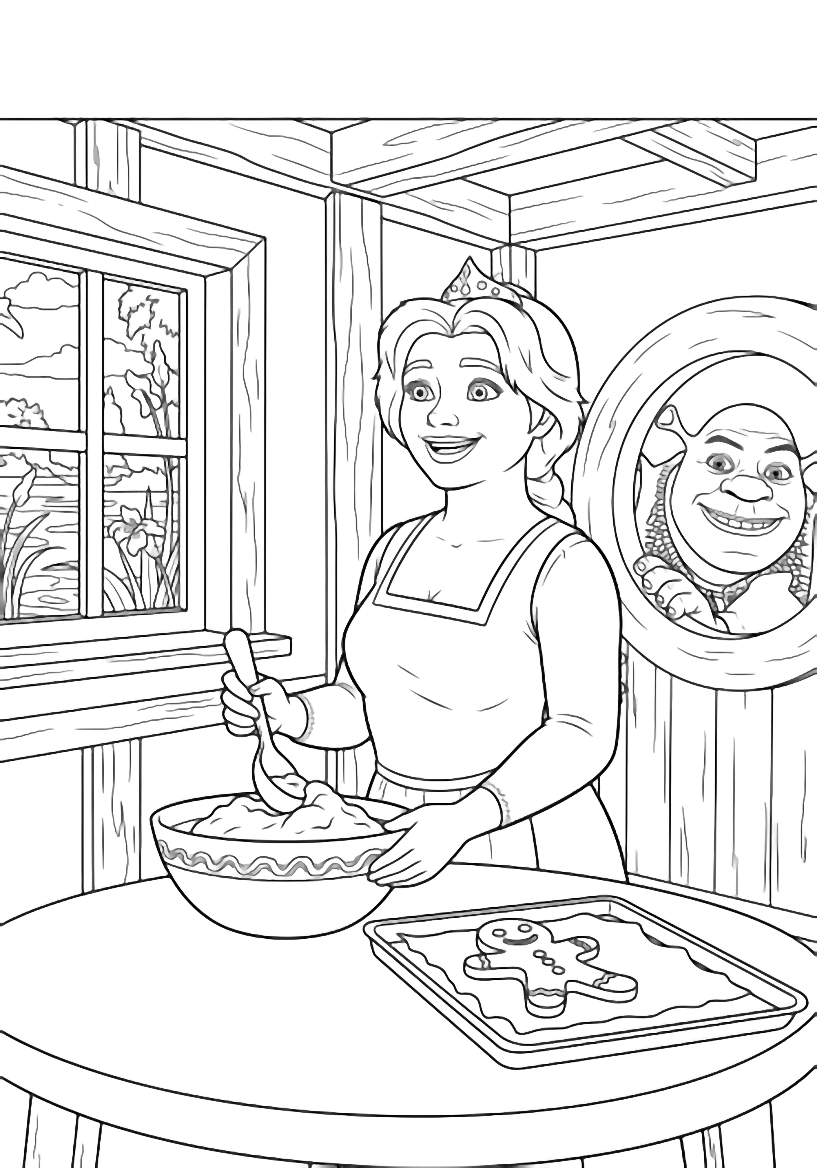 Fiona spoons dough at a table by a window; a gingerbread man smiles on a tray while Shrek peeks through a round door with swamp plants outside. kleurplaat