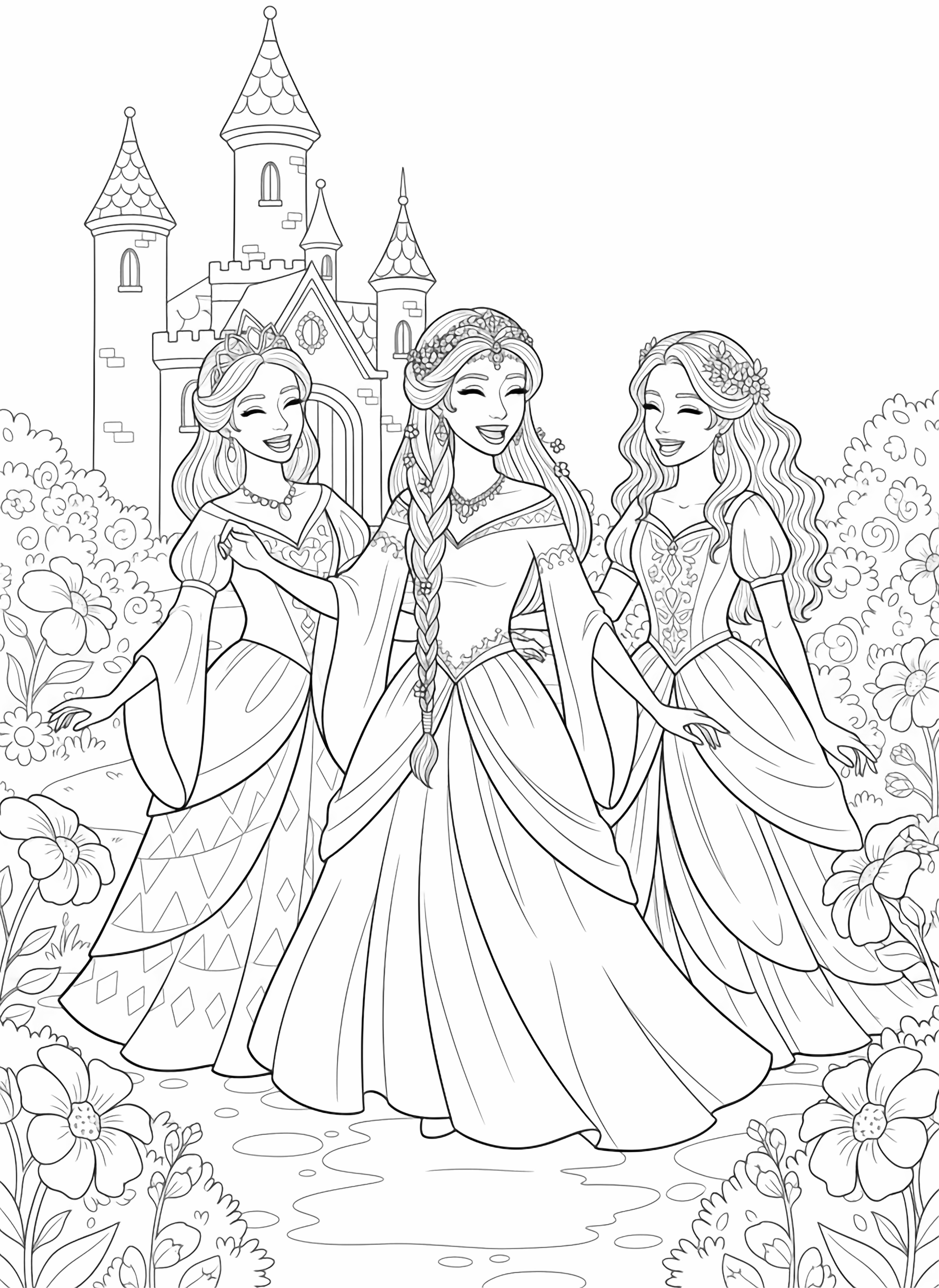 A black and white page featuring three princesses from different lands sharing a joyful moment in their castle garden Princess Amara from the sunny desert kingdom wears a flowing gown with billowing sleeves and a jeweled headpiece her long braided hair adorned with tiny flowers Princess Mei from the mountain kingdom has delicate features and clean black and white line drawing minimal shading no colour no fill kleurplaat