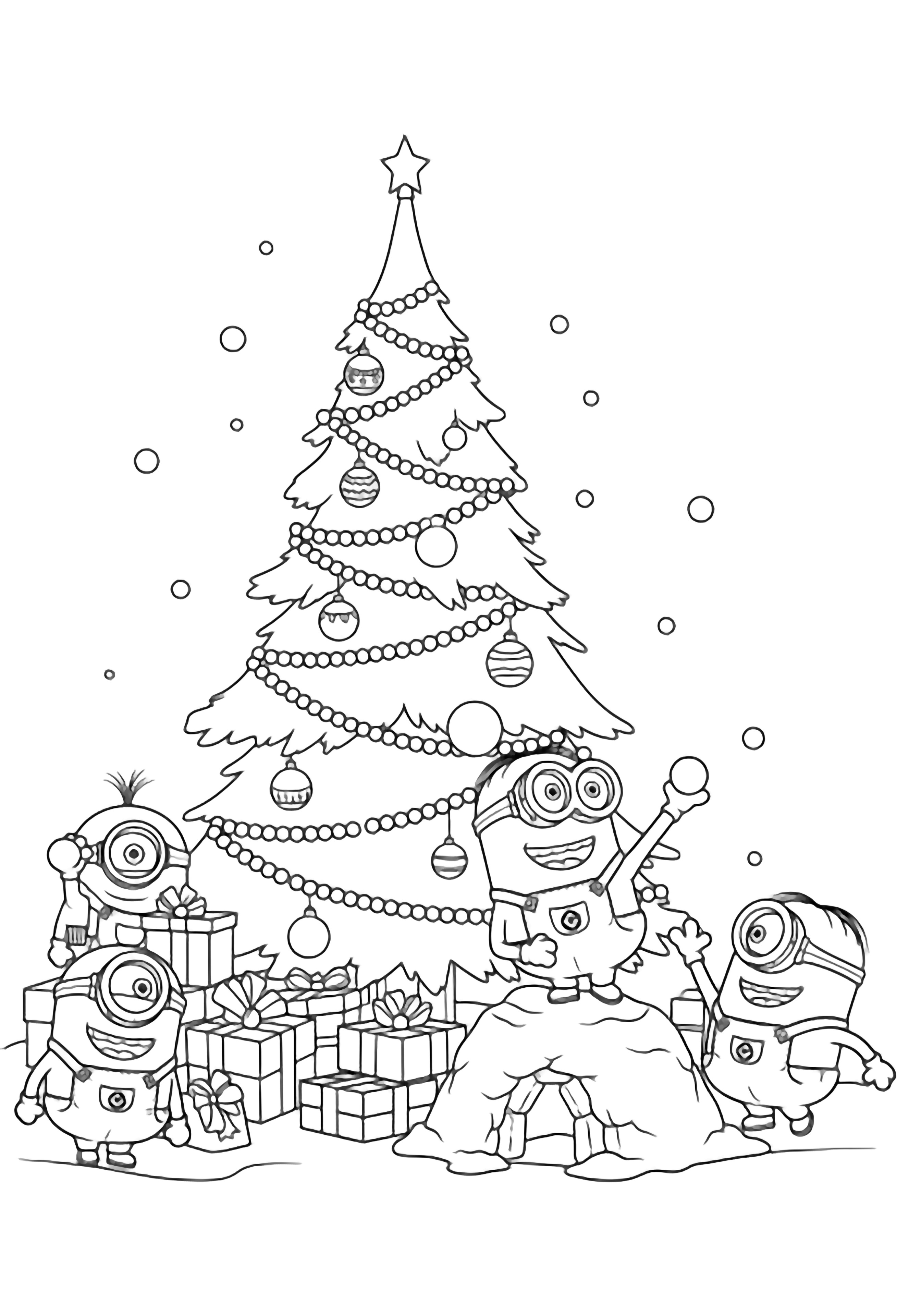 illustration on a Three cheerful overall wearing minions toss snowballs beside a towering Christmas tree; one hides behind a stack of presents another builds a snow fort while ornaments hang ready to color between light fluffy snowflakes and simple holiday gifts clean black kleurplaat