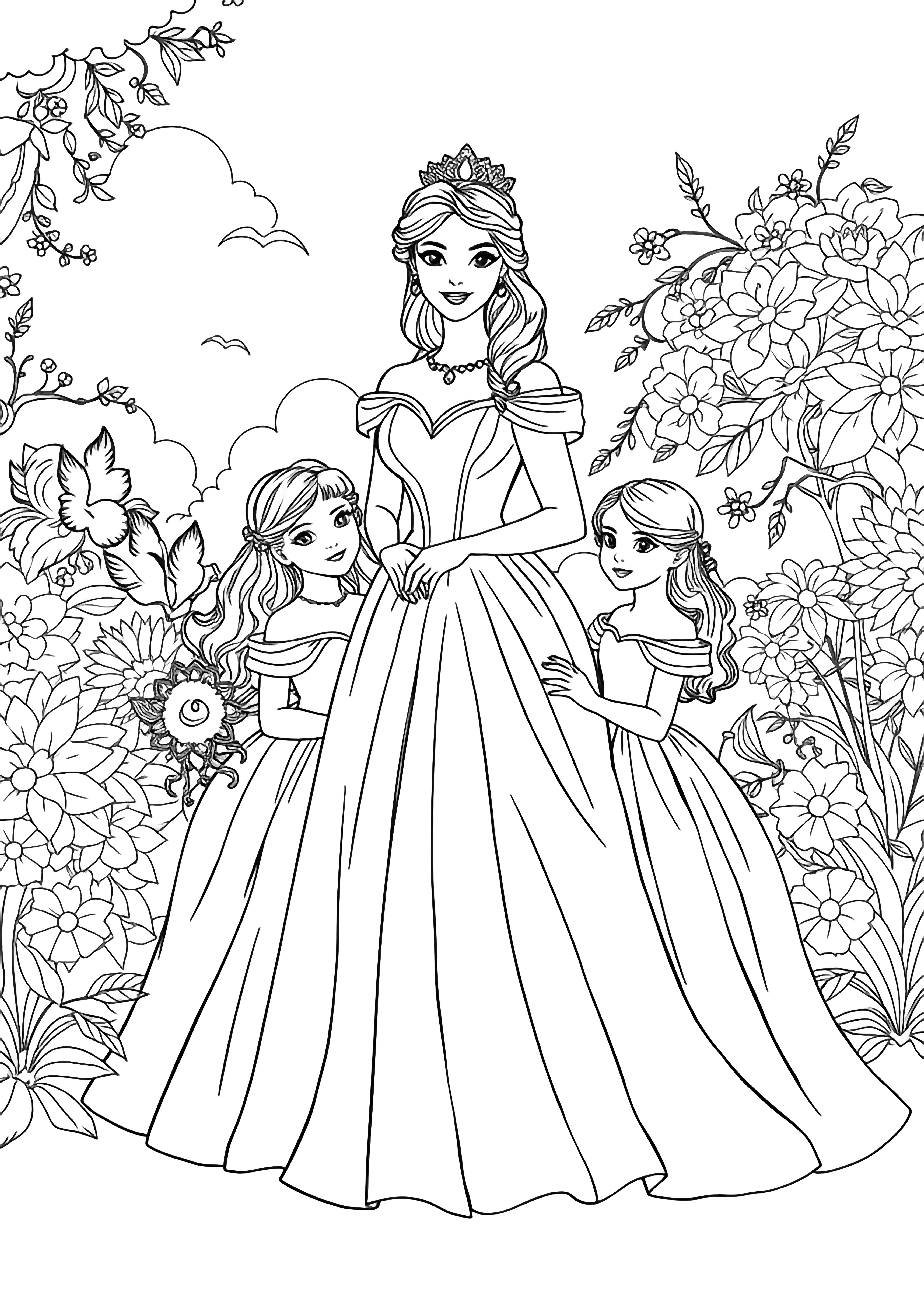A black and white page illustration of a British princess standing gracefully beside her two beloved daughters the young princesses in their enchanting royal garden All three wear elegant flowing gowns with full skirts that billow softly in the gentle breeze The mother princess has her hair beautifully styled with a tiara while the clean black and white line drawing minimal shading no colour no fill kleurplaat