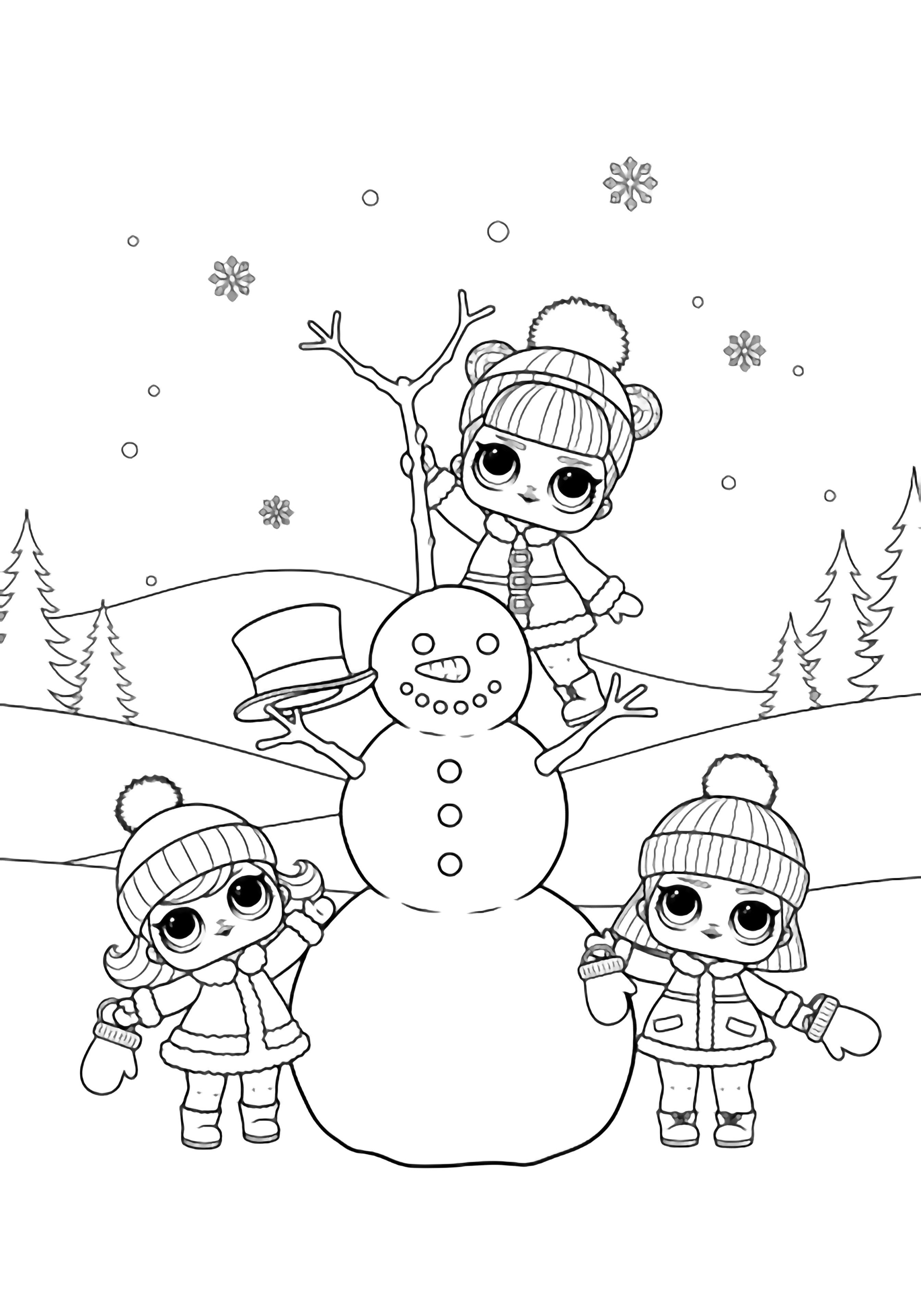 illustration on a Three LOL Surprise dolls stack a snowman; tallest doll adds stick arms while two others hold top hats and mittens; fluffy coats beanies mittens outlined; light snowflakes drift above simple rolling hills evergreen silhouettes frame background bold black outlines on white page ready to color clean black kleurplaat