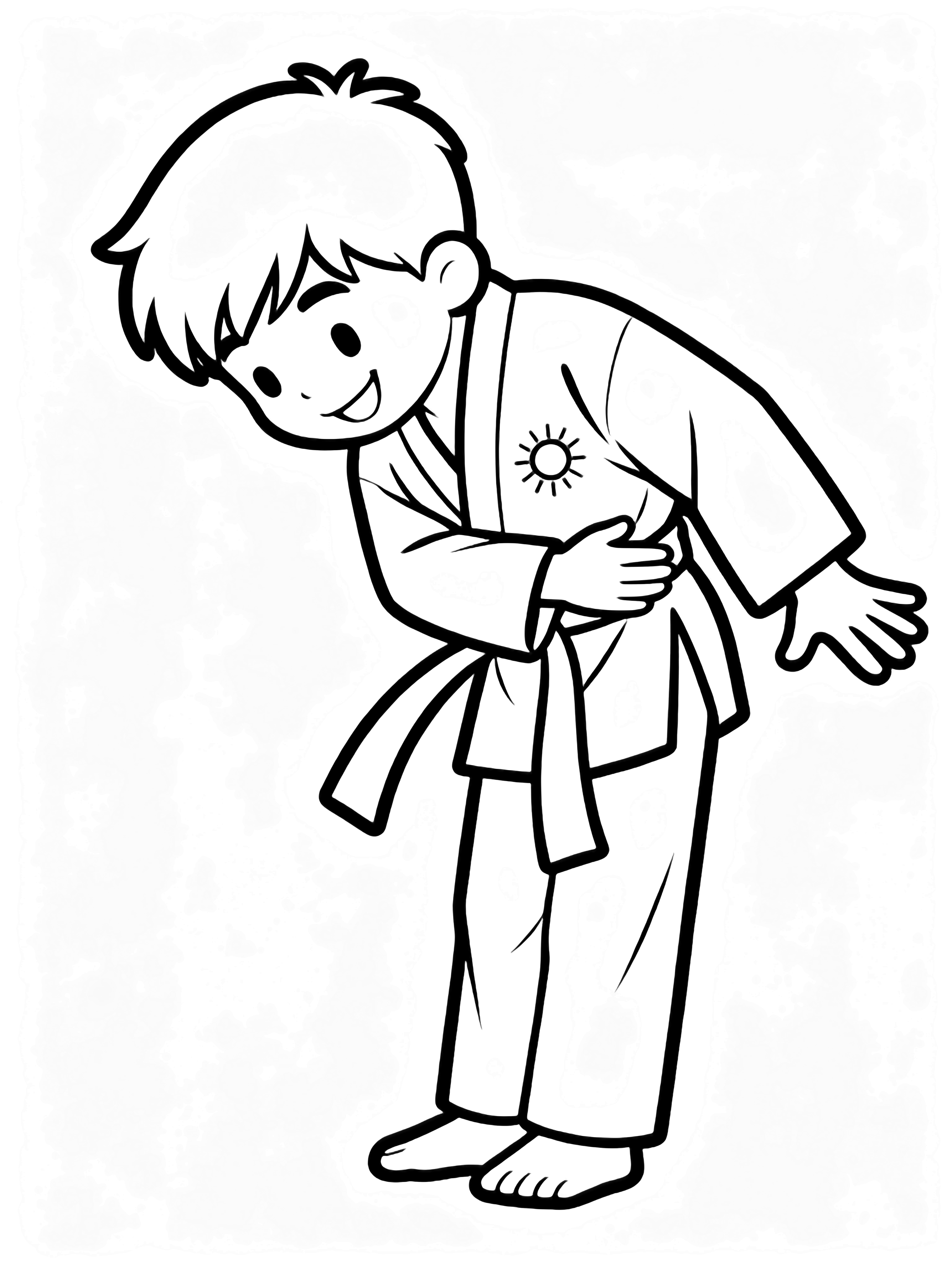 A smiling taekwondo student in loose dobok bows deeply, belt ends flowing, small rising sun emblem on chest. kleurplaat