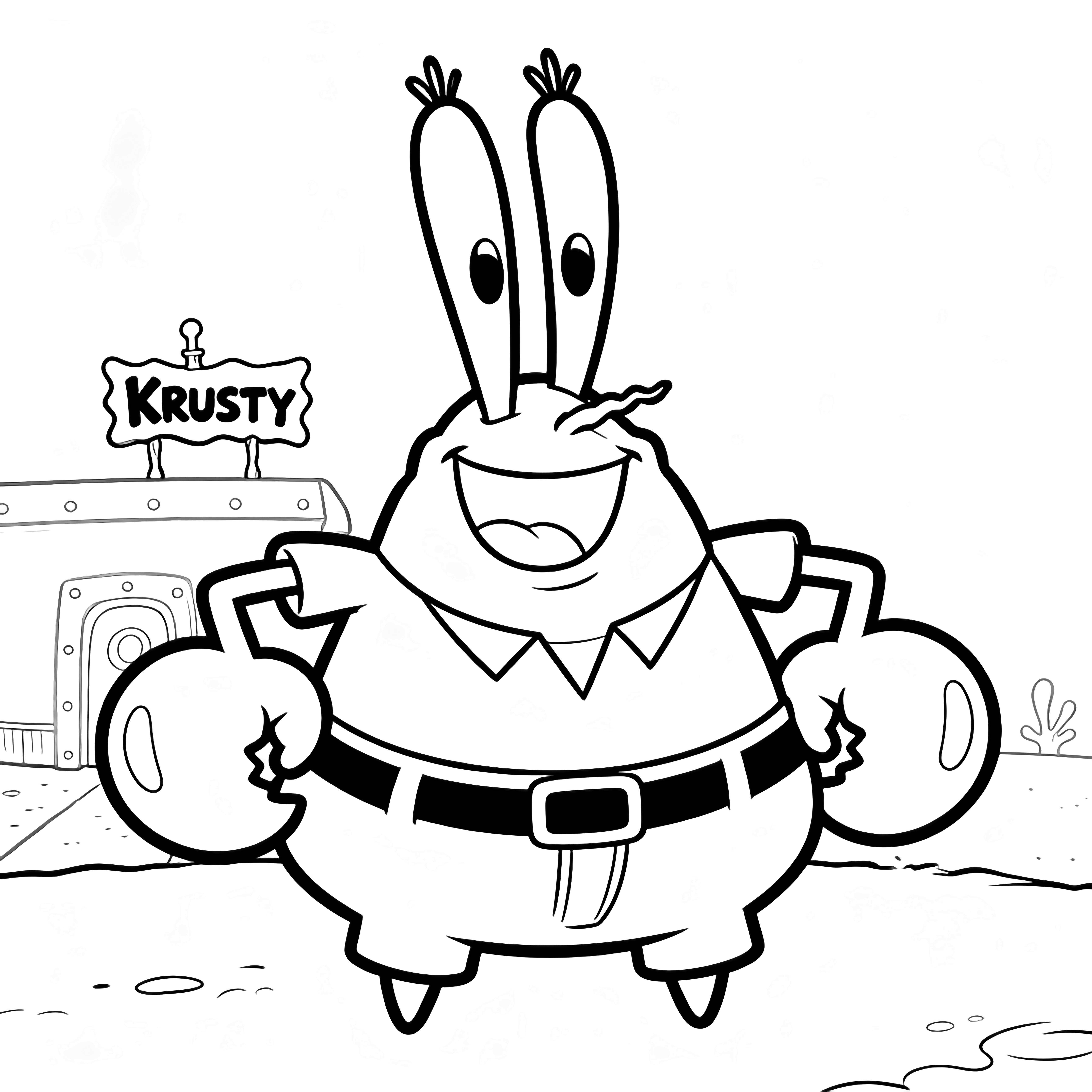 Mr. Krabs stands smiling with claws on hips, a tiny Krusty Krab sign behind him. kleurplaat